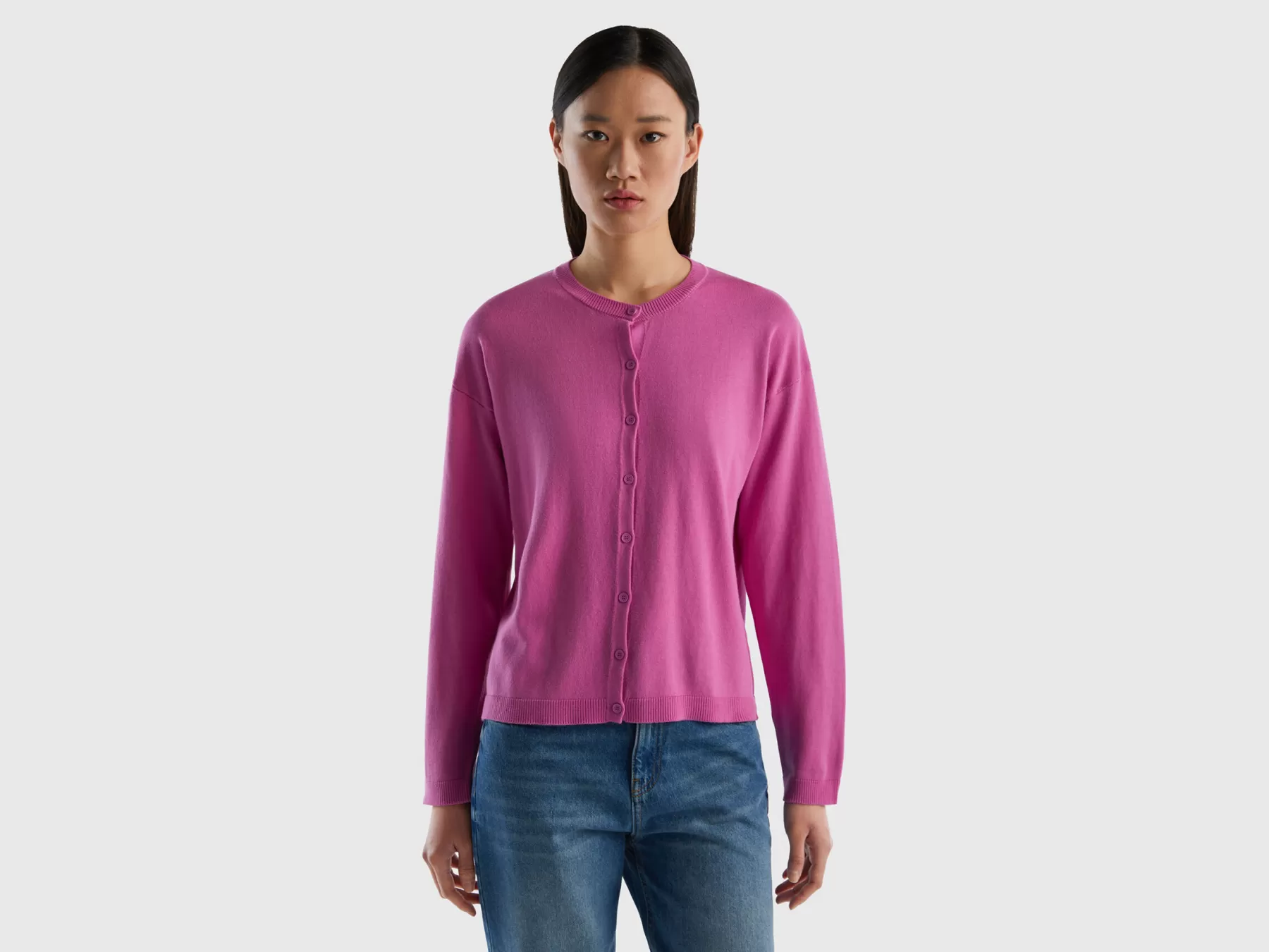 Benetton Cardigan Girocollo Con Bottoni Rosa Best Sale