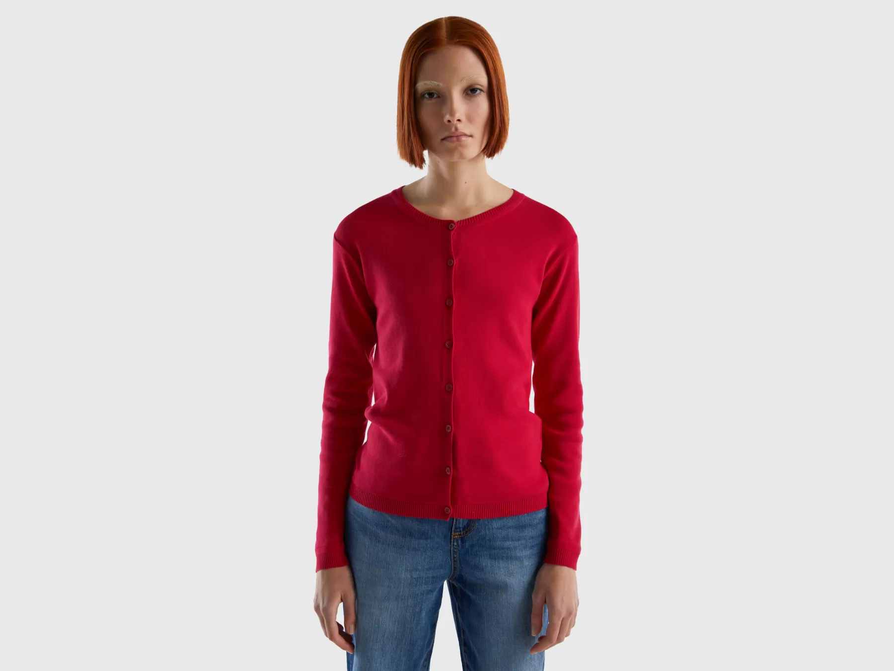 Benetton Cardigan Girocollo In Puro Cotone Fucsia Store