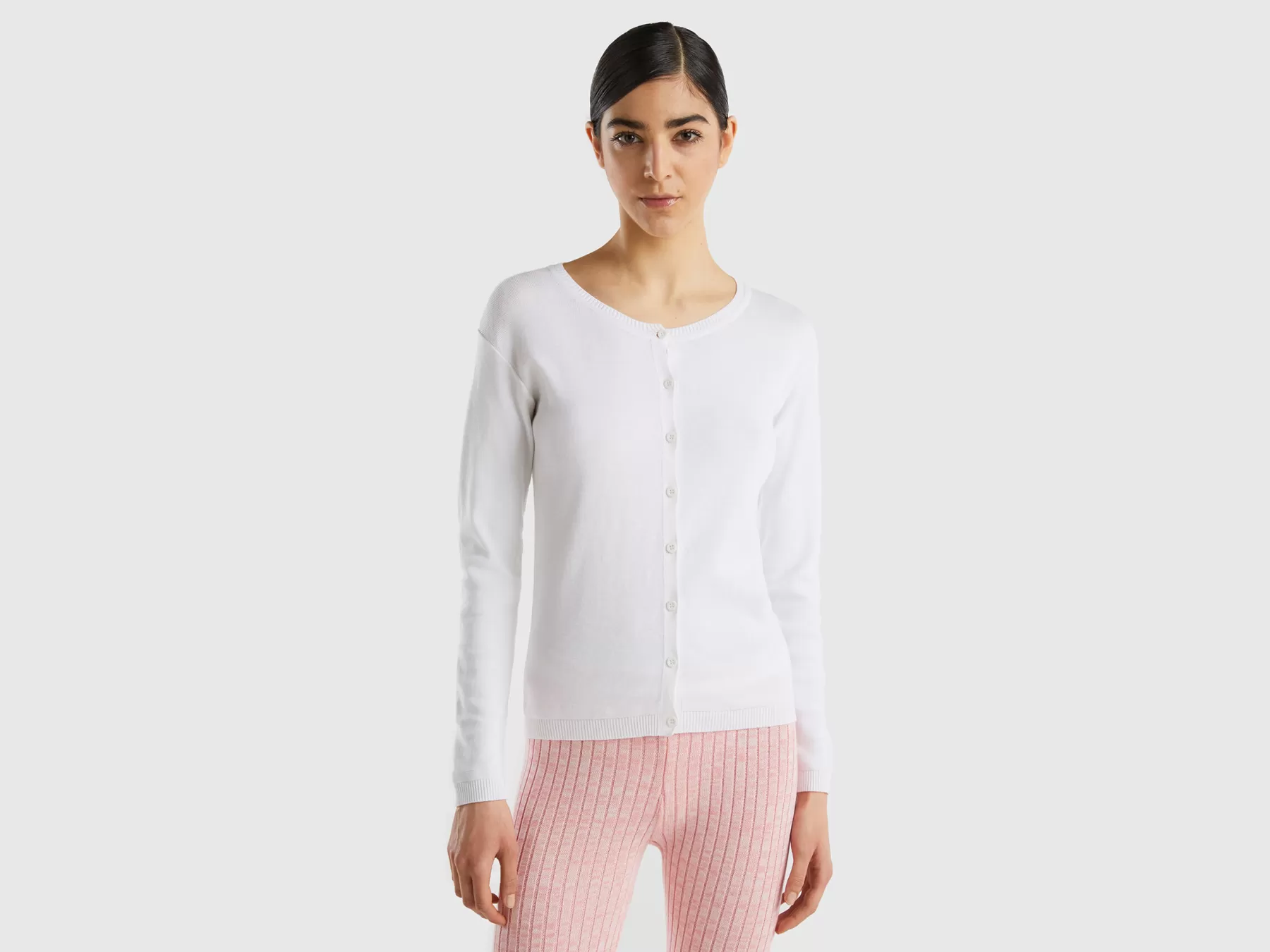 Benetton Cardigan Girocollo In Puro Cotone Bianco Sale