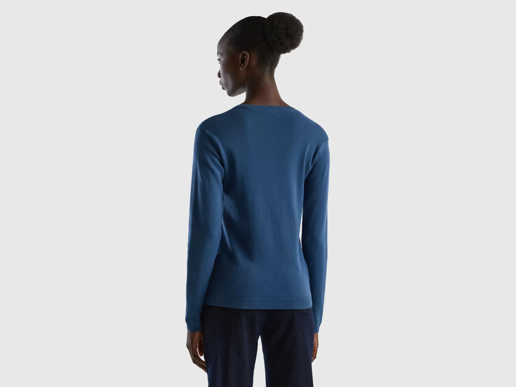 Benetton Cardigan Girocollo In Puro Cotone Blu New