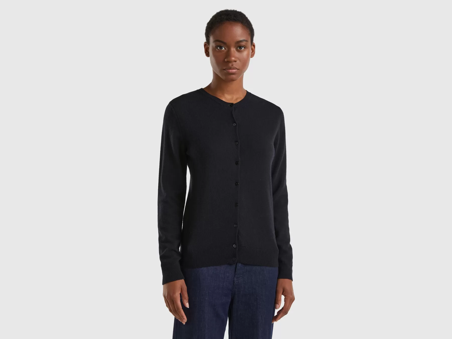 Benetton Cardigan Girocolloin Pura Lana Merino Nero Cheap