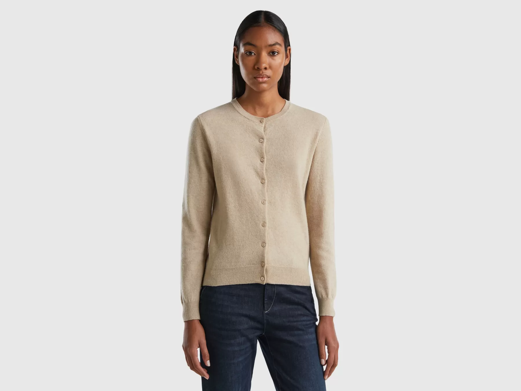 Benetton Cardigan Girocolloin Pura Lana Merino Beige Discount