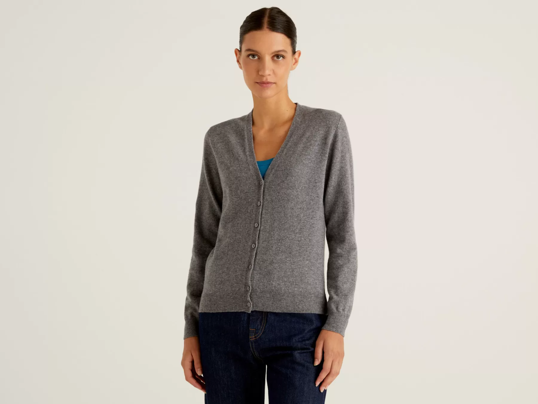 Benetton Cardigan Scollo A Vin Pura Lana Merino Grigio Hot