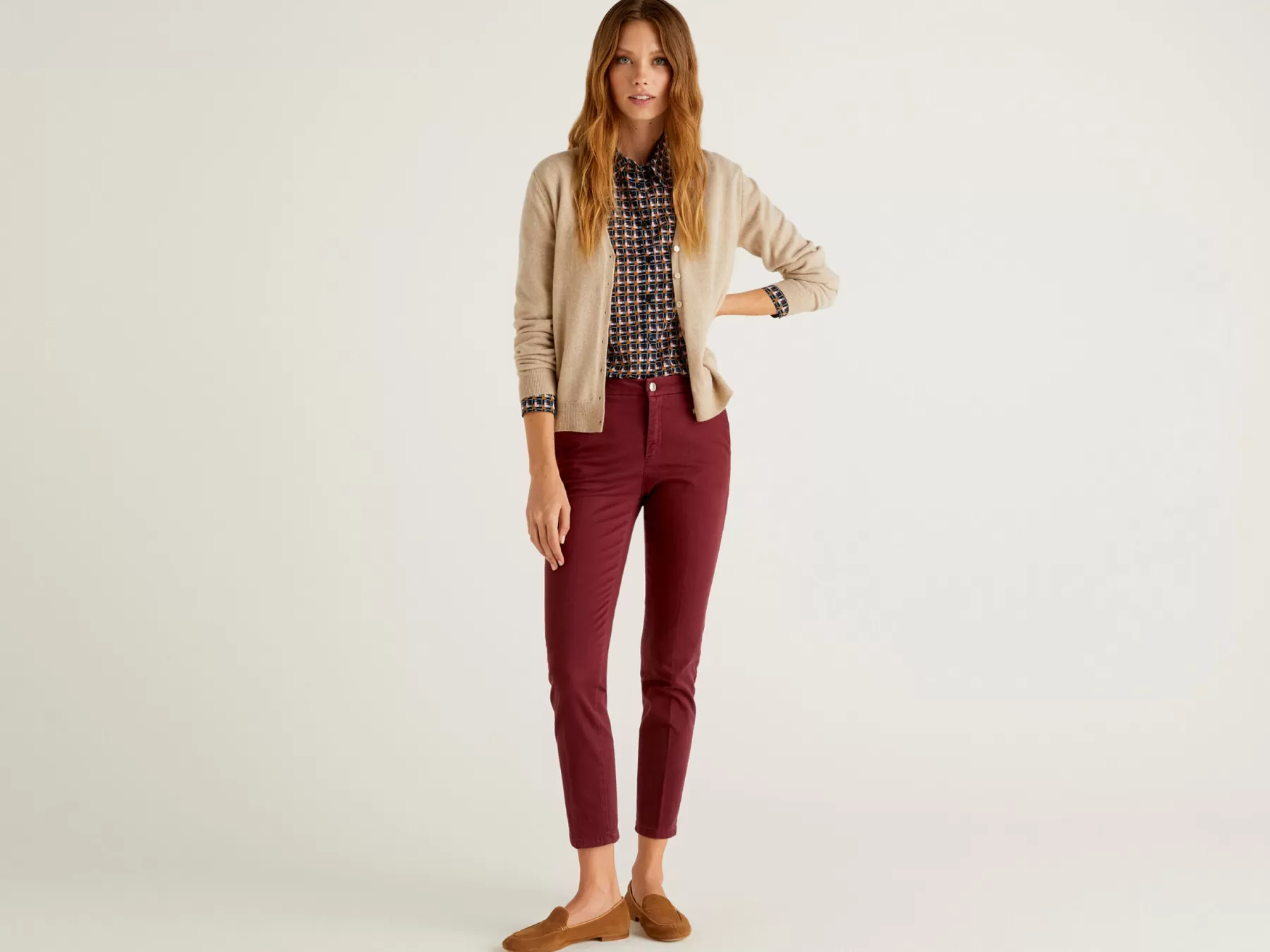 Benetton Cardigan Scollo A Vin Pura Lana Merino Beige Sale