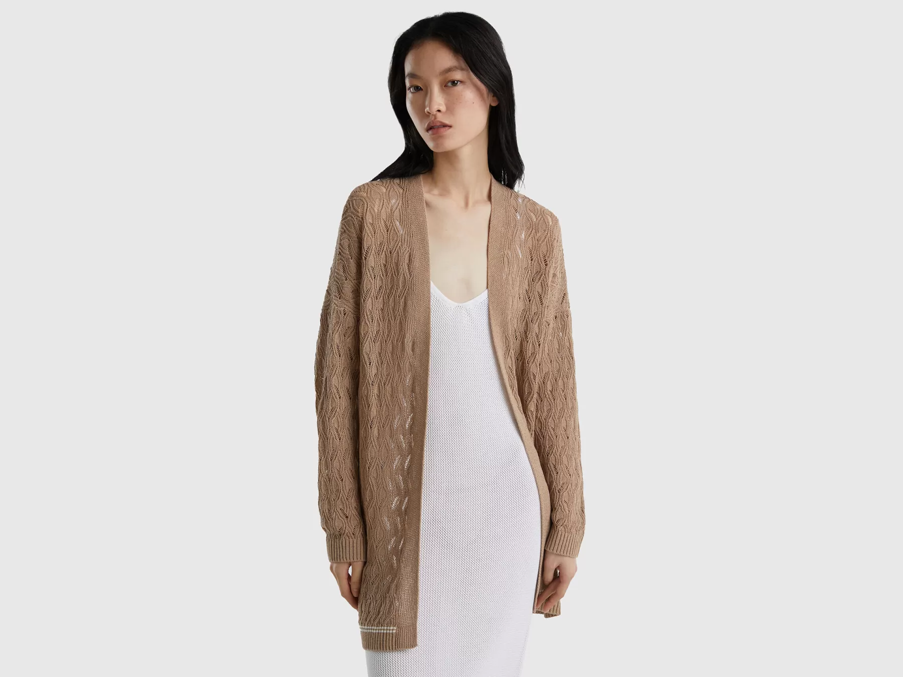 Benetton Cardigan Traforato In Punto Pizzo Marrone Hot