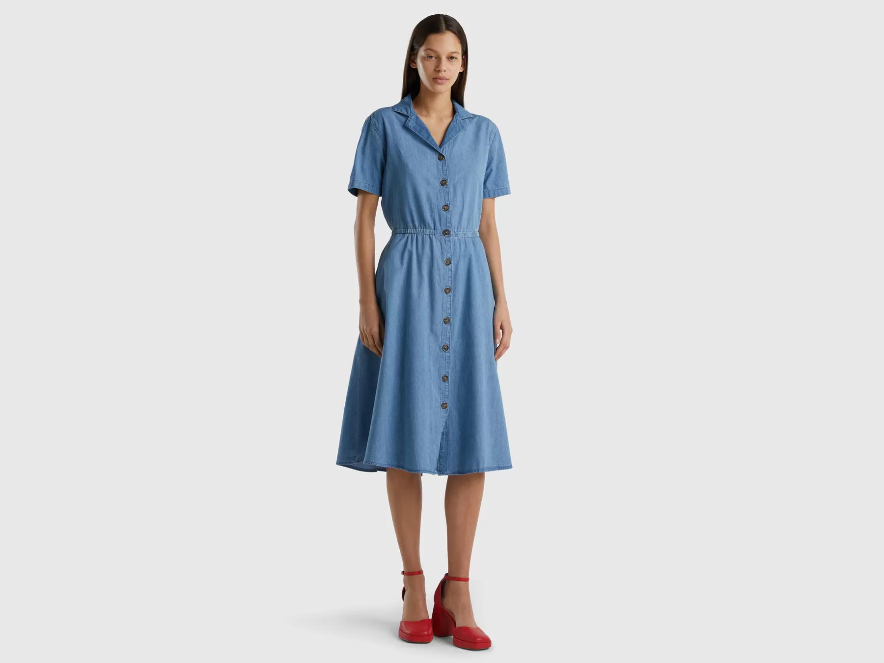 Benetton Chemisier Midi In Chambray Azzurro Store