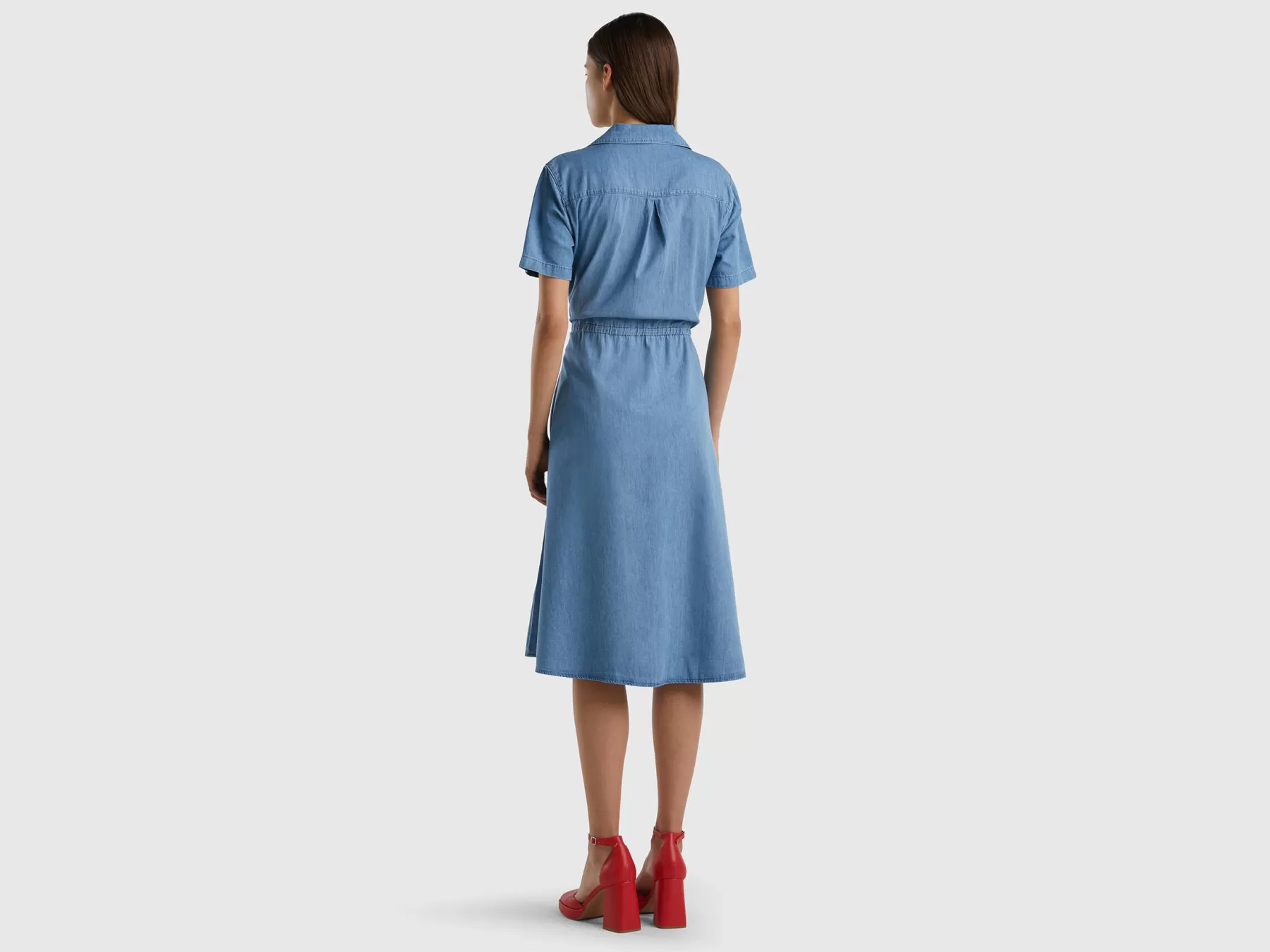 Benetton Chemisier Midi In Chambray Azzurro Store