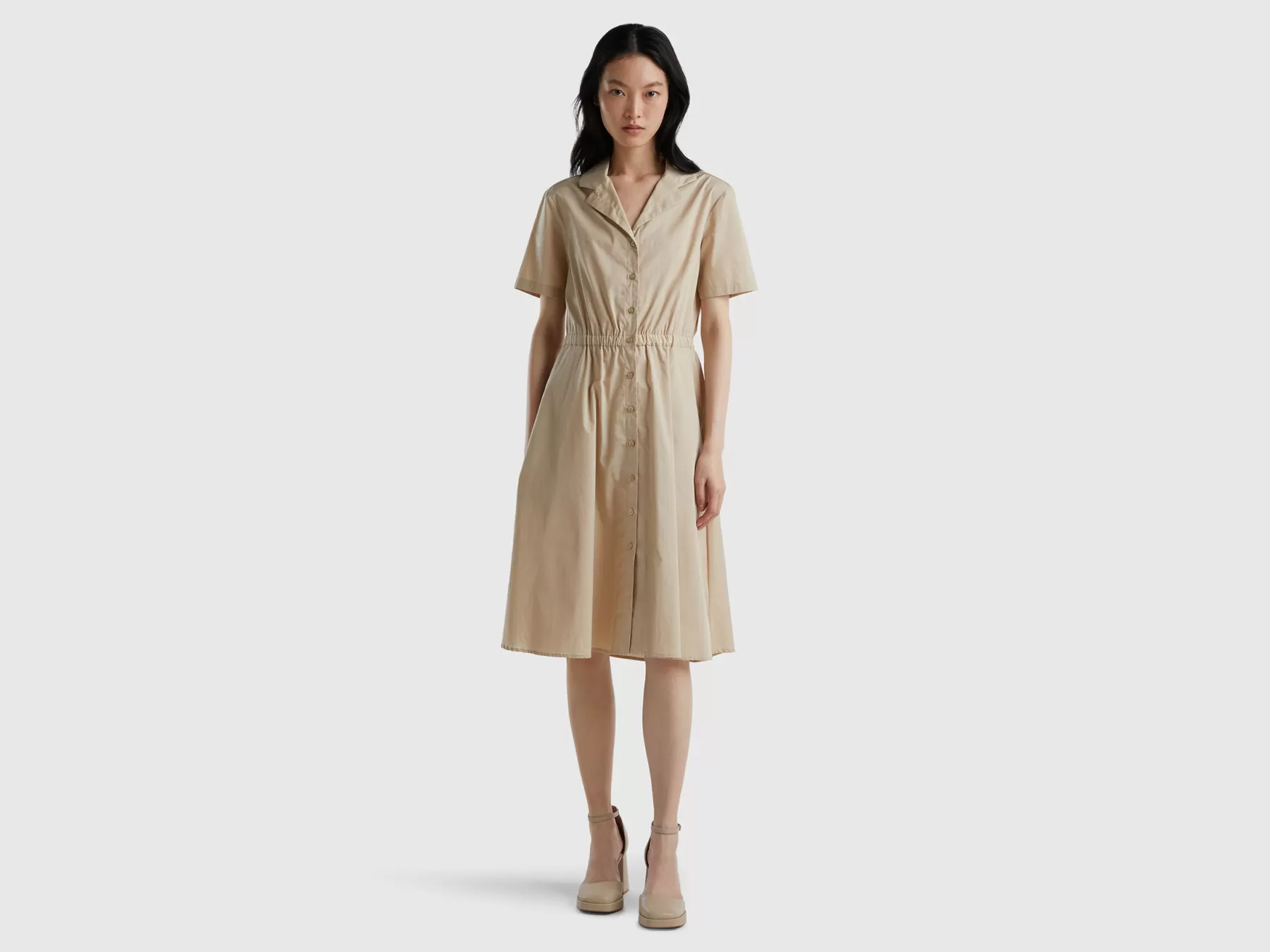 Benetton Chemisier Midi In Cotone Beige Fashion