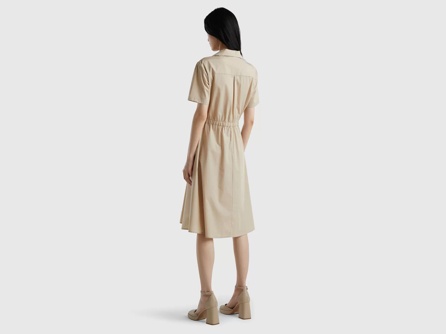 Benetton Chemisier Midi In Cotone Beige Fashion