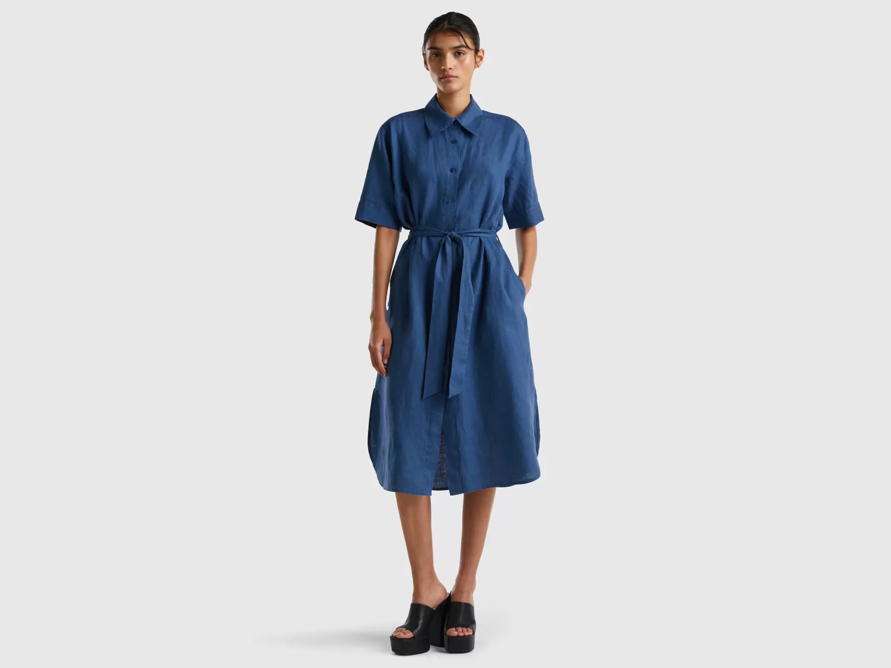 Benetton Chemisier Midi In Puro Lino Blu Online