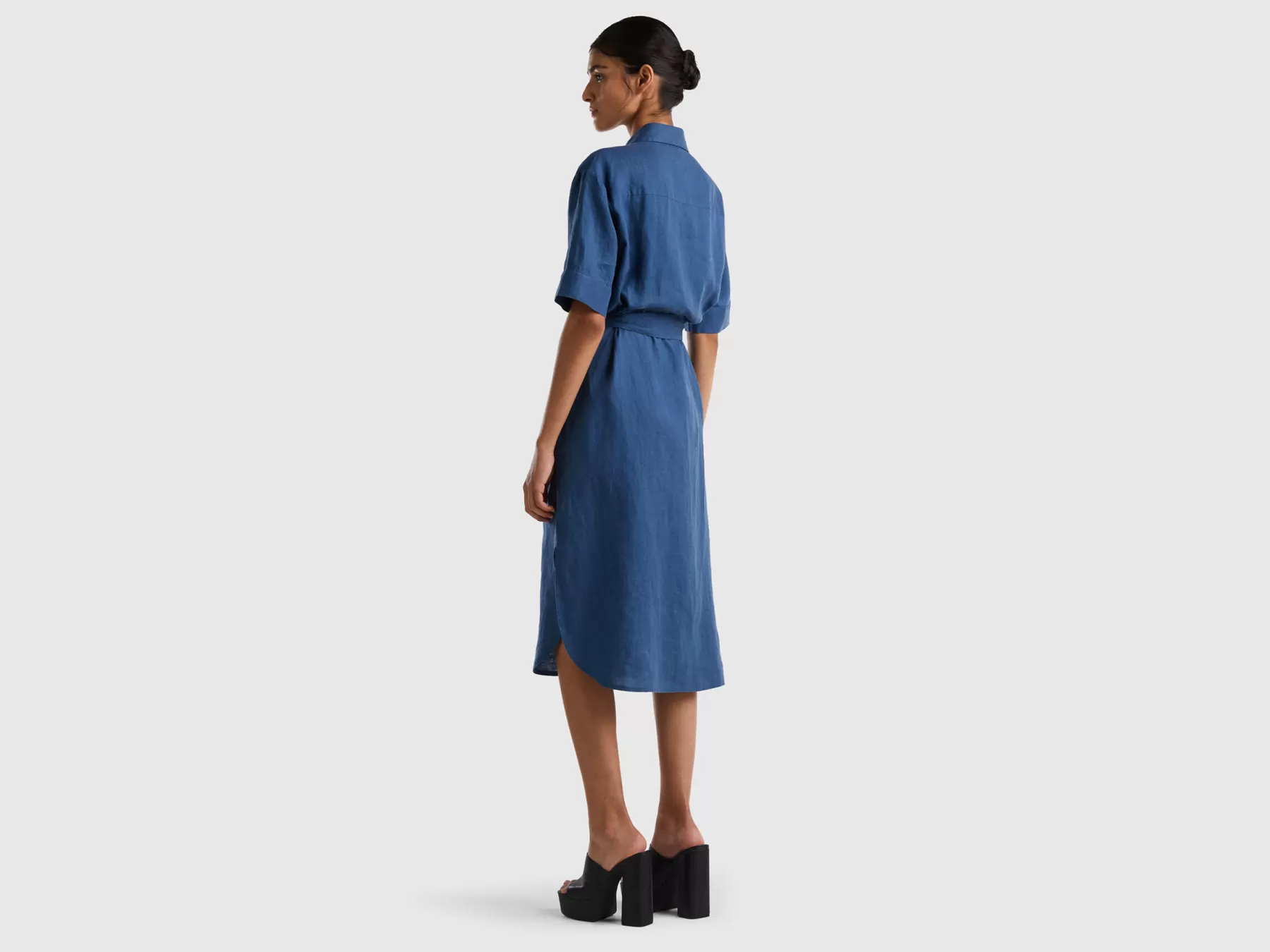 Benetton Chemisier Midi In Puro Lino Blu Online