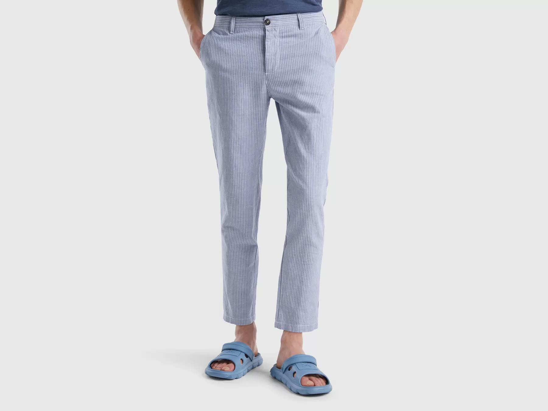 Benetton Chino Cropped In Misto Lino Celeste Flash Sale