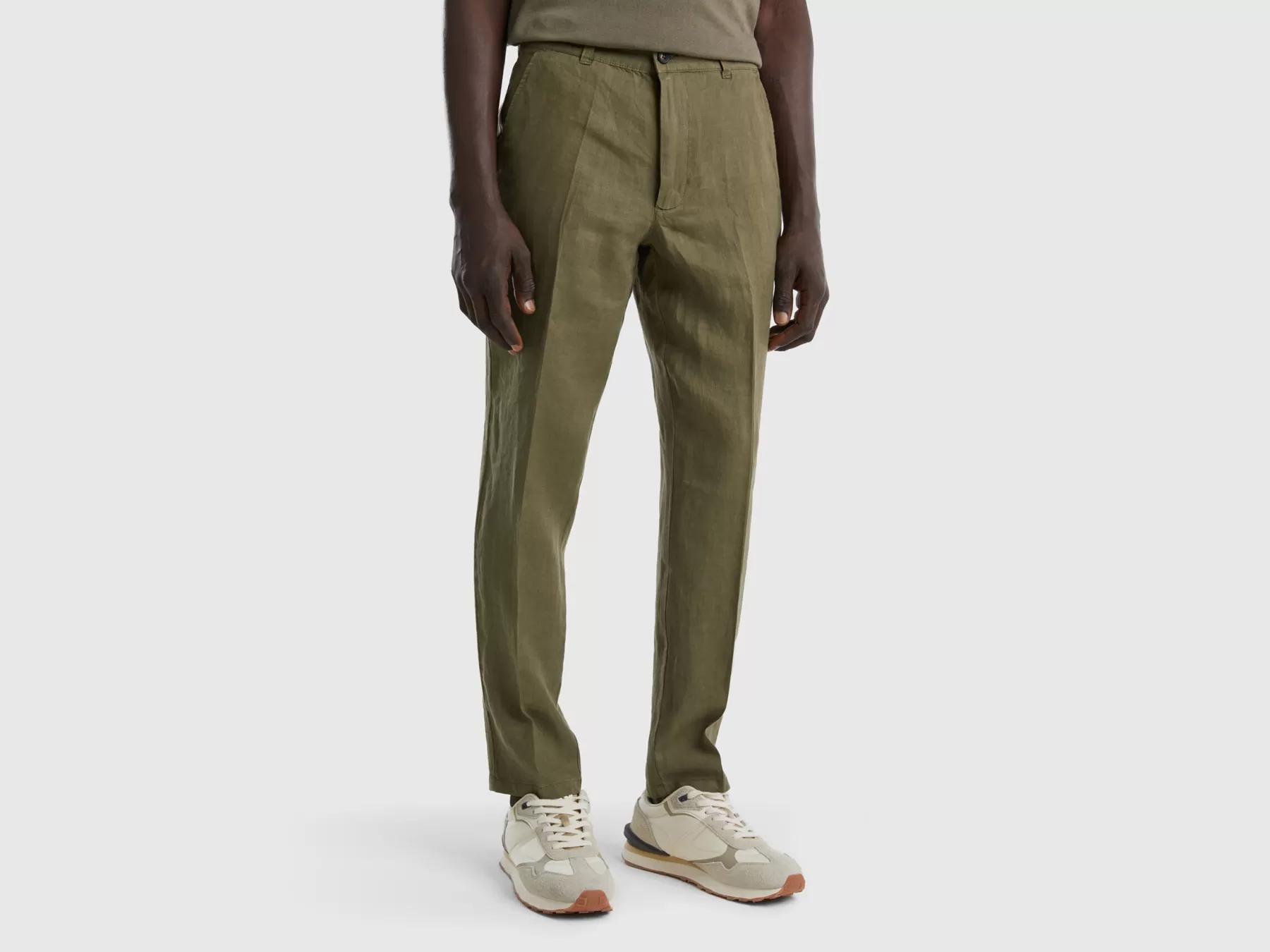 Benetton Chino In Puro Lino Verde Militare Cheap