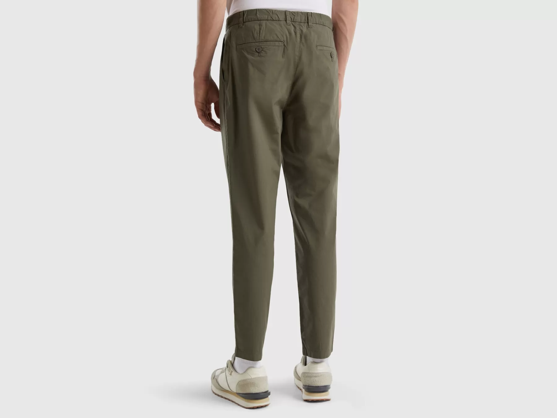 Benetton Chino In Tela Con Coulisse Verde Militare New