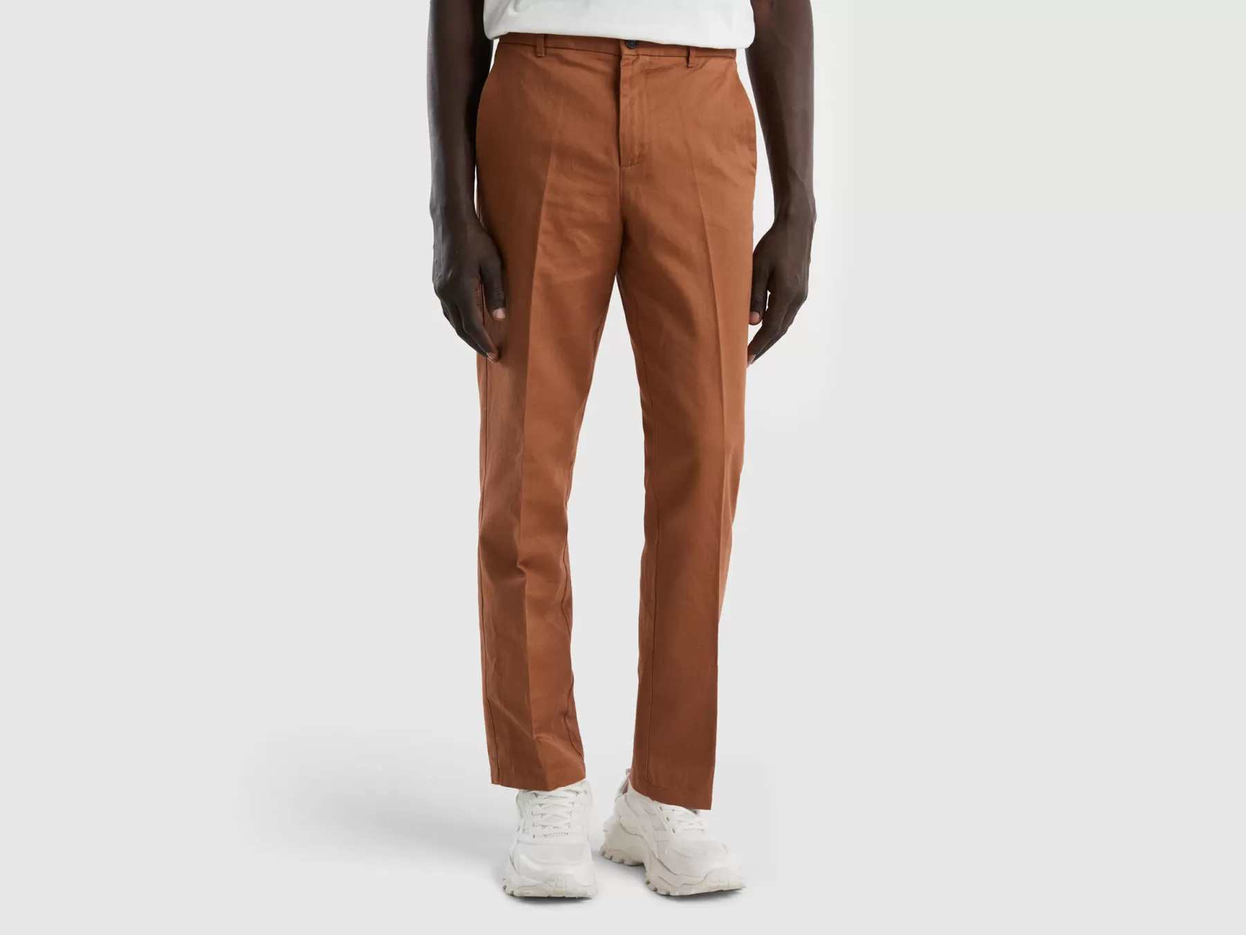 Benetton Chino Straight In Misto Lino Marrone Best Sale