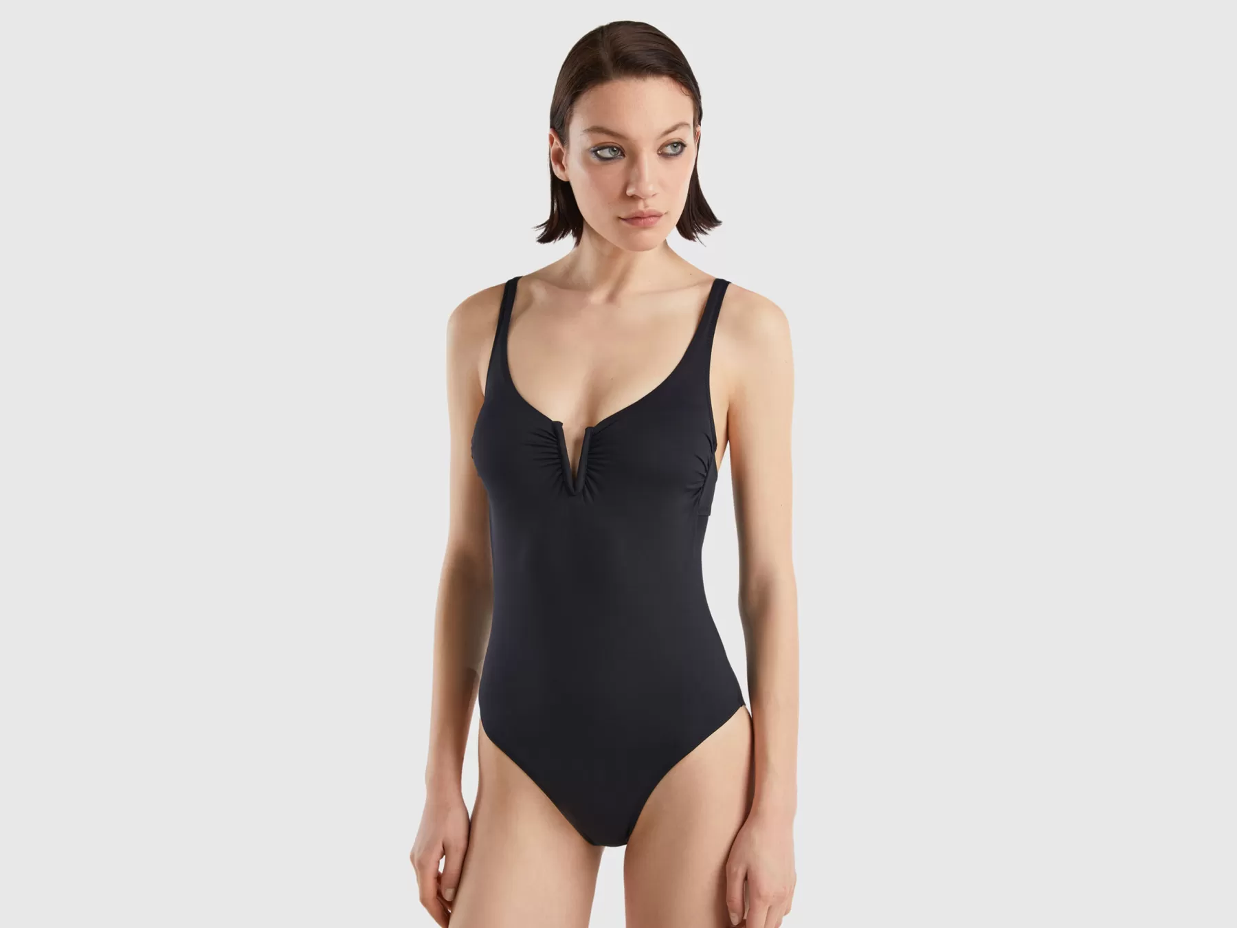 Benetton Costume In Econyl® Con Dettaglio A V Nero Shop