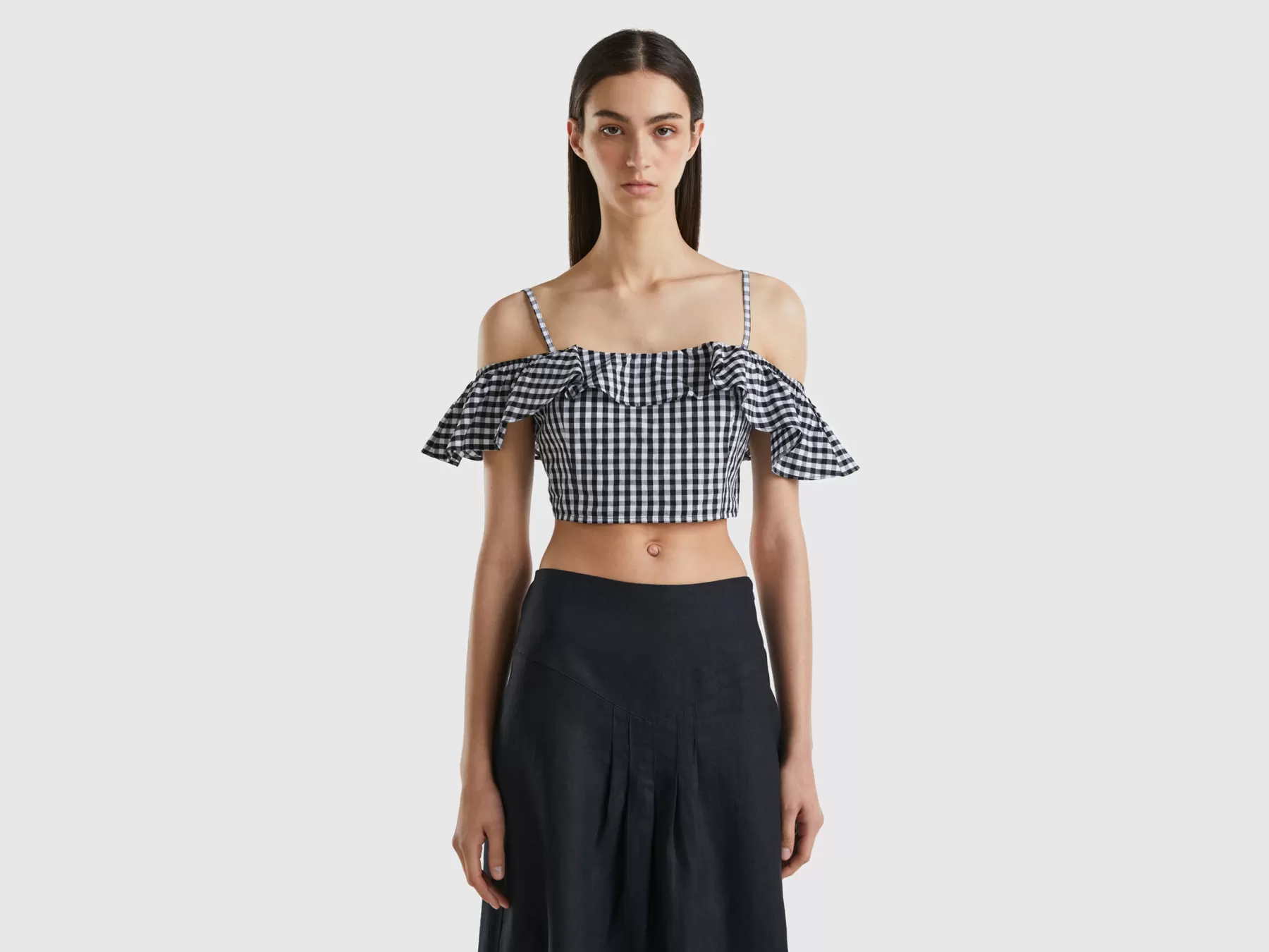 Benetton Crop Top Vichy Con Volant Nero Shop