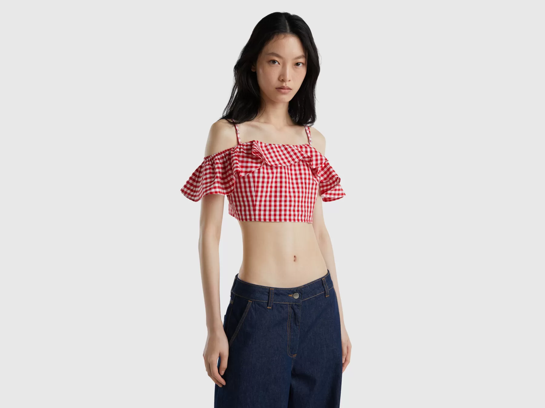 Benetton Crop Top Vichy Con Volant Rosso Clearance