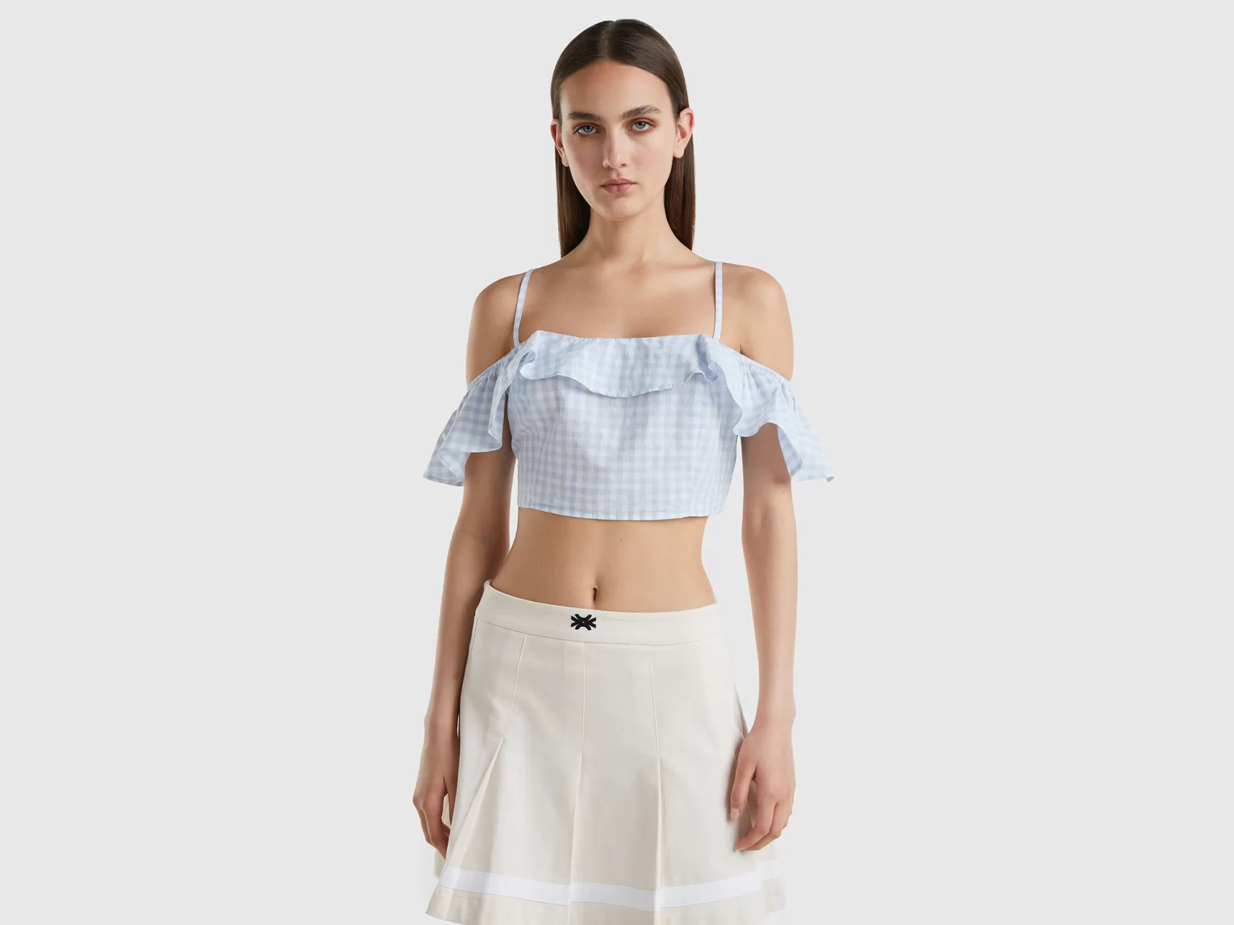 Benetton Crop Top Vichy Con Volant Azzurro Cheap