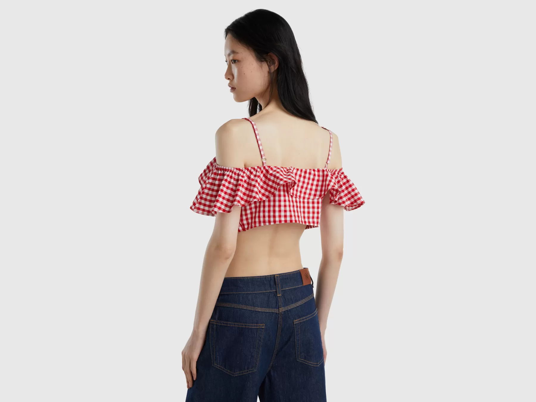 Benetton Crop Top Vichy Con Volant Rosso Clearance