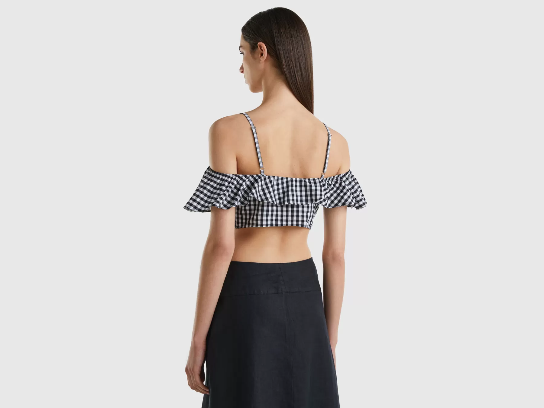 Benetton Crop Top Vichy Con Volant Nero Shop