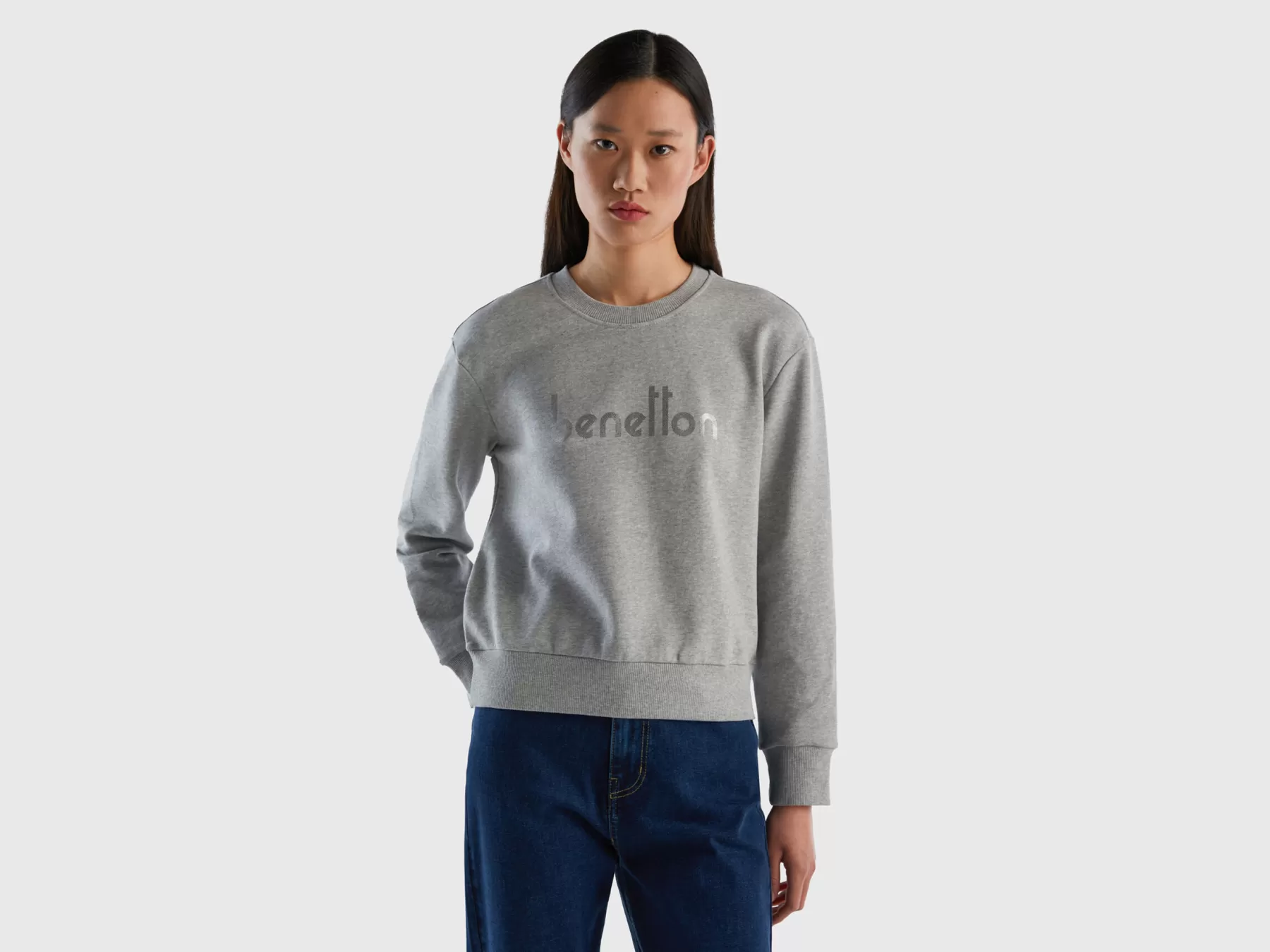 Benetton Felpa 100% Cotone Con Stampa Logo Grigio Chiaro Cheap