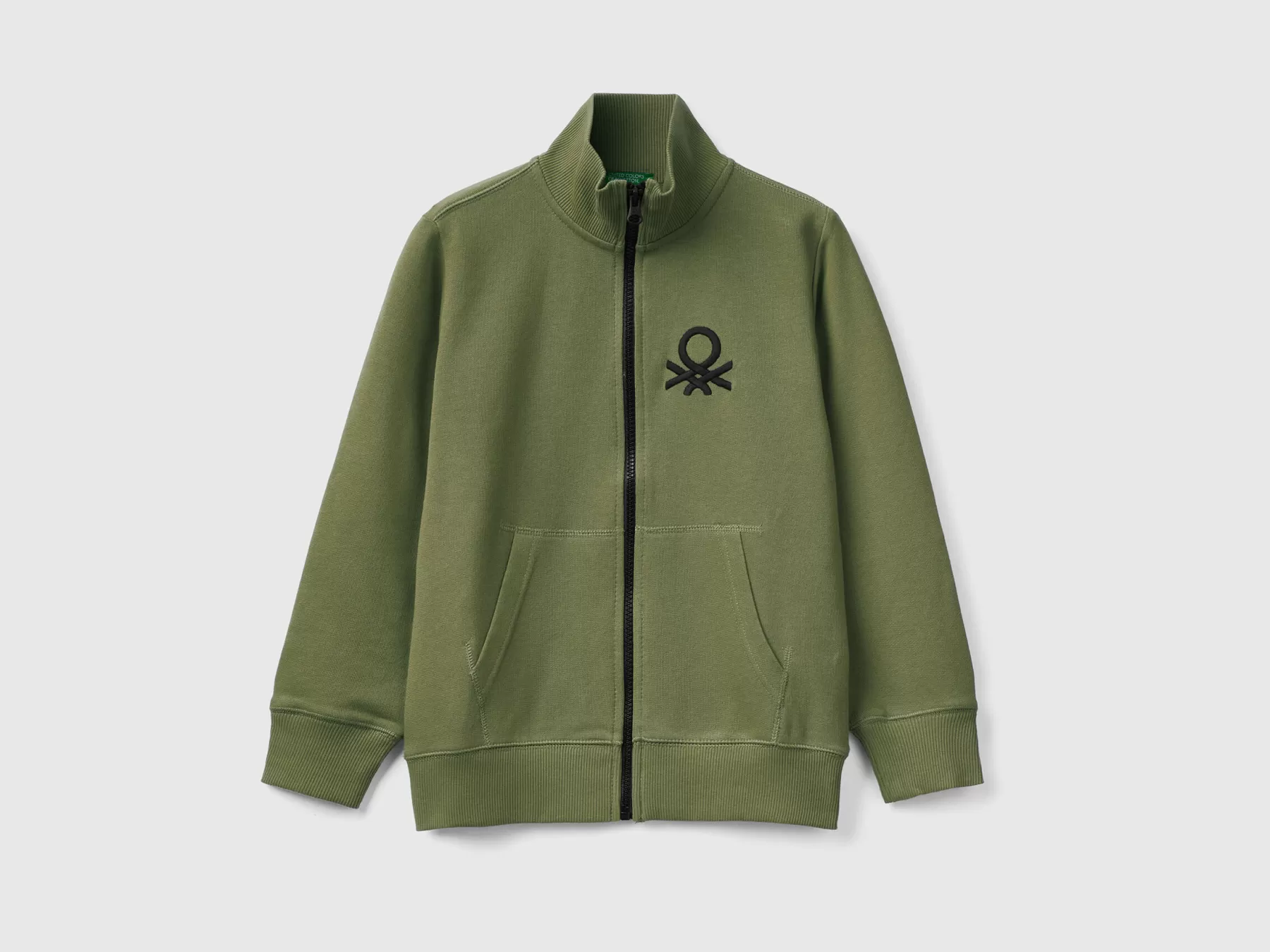 Benetton Felpa Con Zip In Puro Cotone Verde Militare Sale