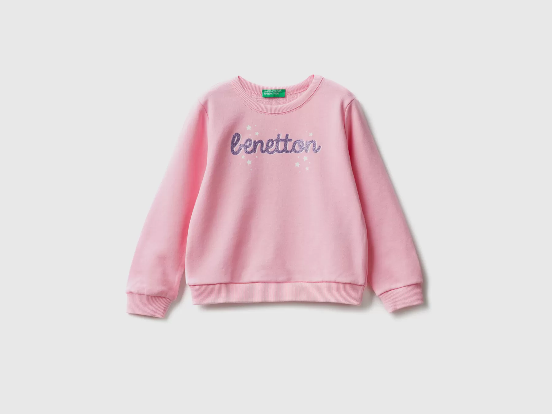 Benetton Felpa In Cotone Bio Con Stampa Glitter Rosa New