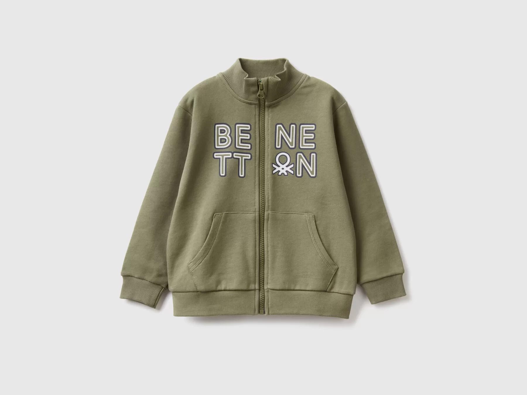 Benetton Felpa In Cotone Bio Con Zip Verde Militare Hot