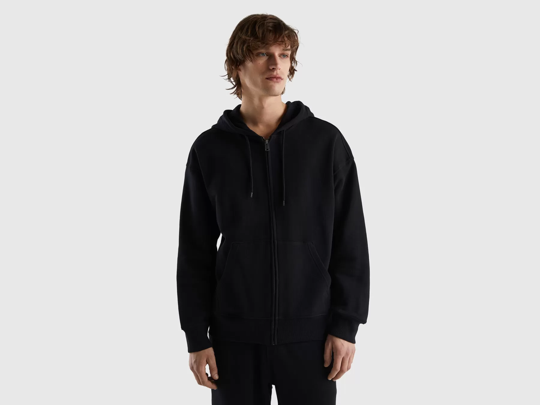 Benetton Felpa In Cotone Con Zip E Cappuccio Nero Hot