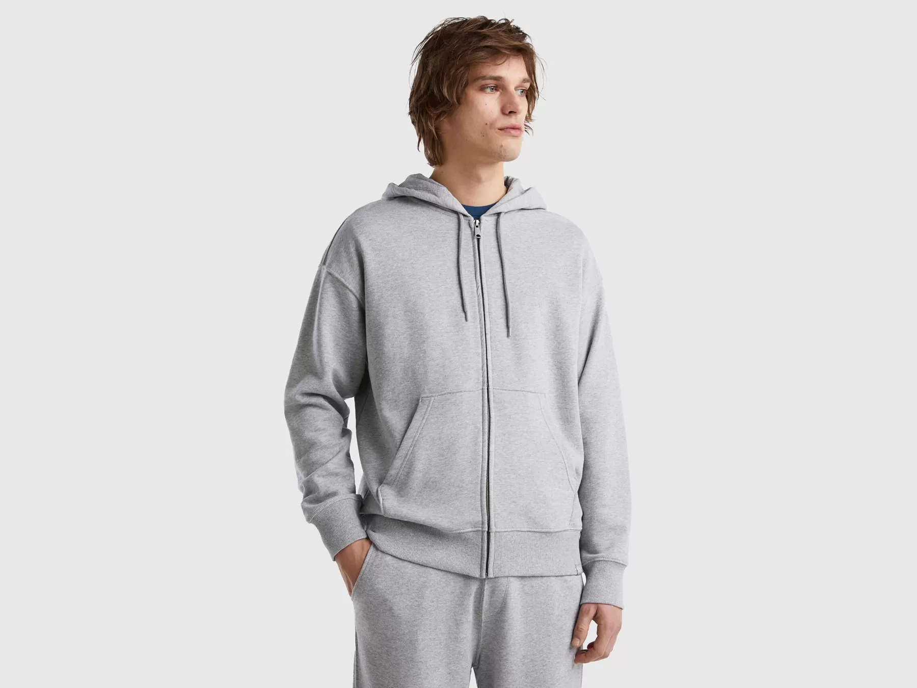 Benetton Felpa In Cotone Con Zip E Cappuccio Grigio Chiaro Outlet