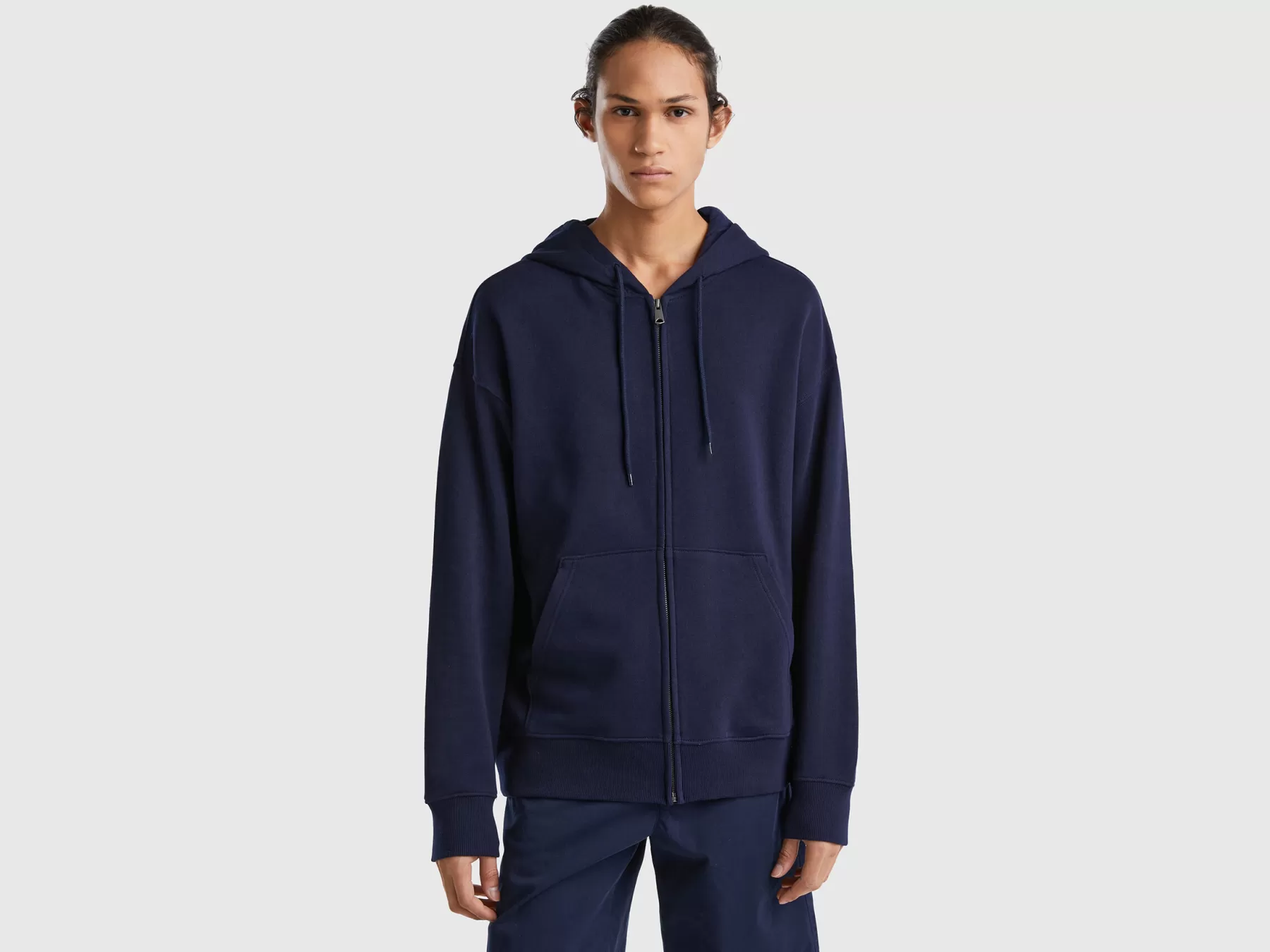 Benetton Felpa In Cotone Con Zip E Cappuccio Blu Scuro Store