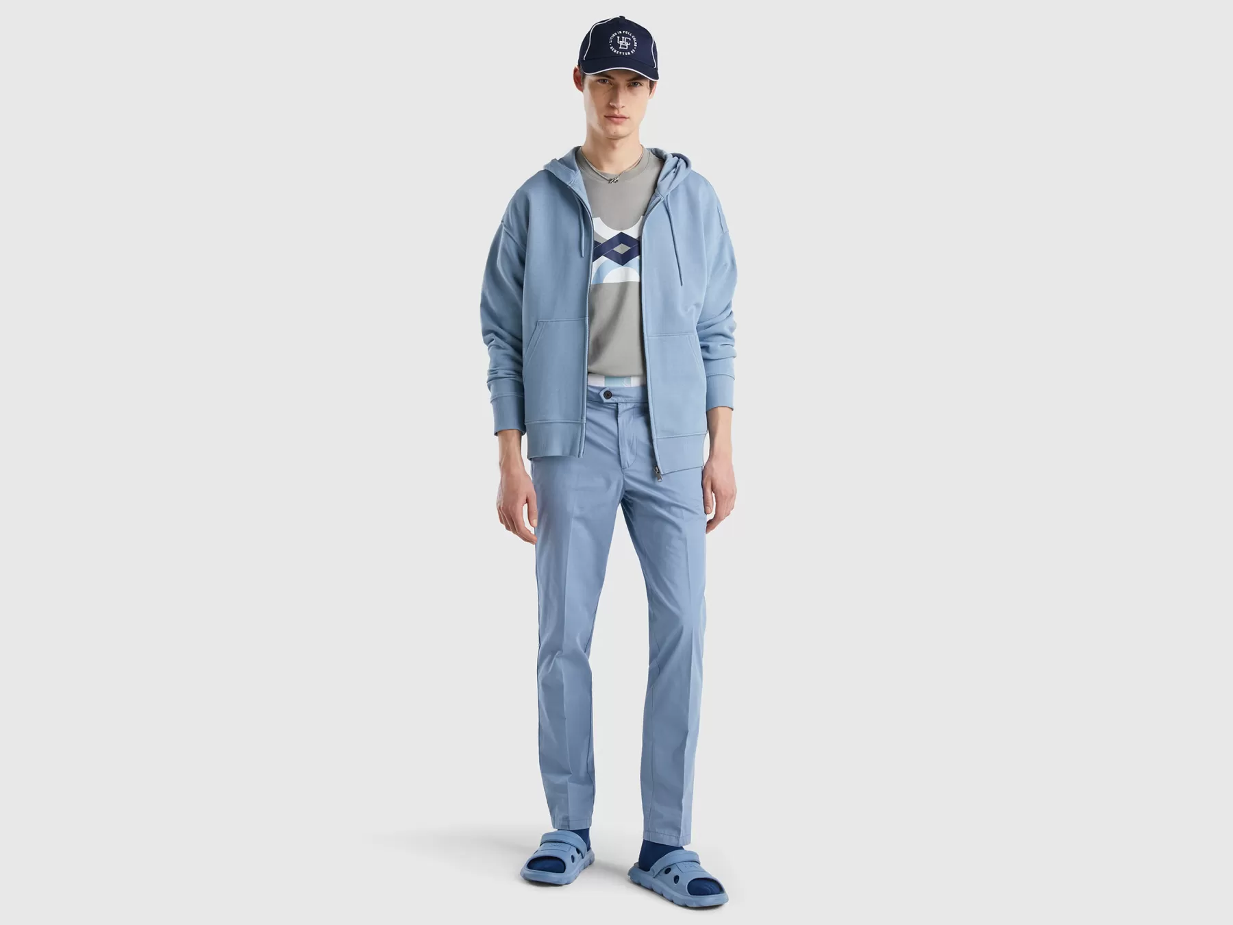 Benetton Felpa In Cotone Con Zip E Cappuccio Avio Outlet