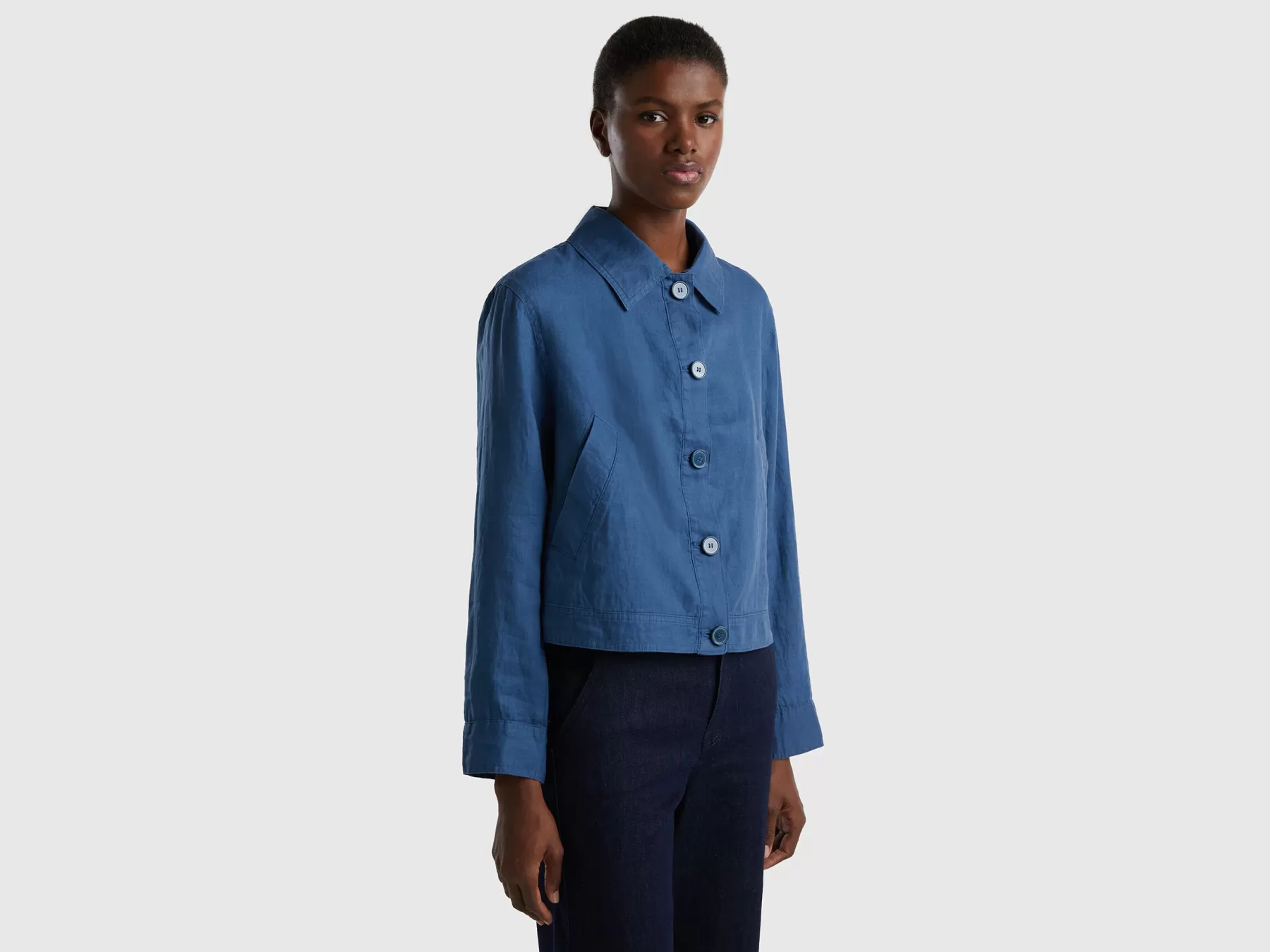 Benetton Giacca Boxy Fit In Puro Lino Blu Online