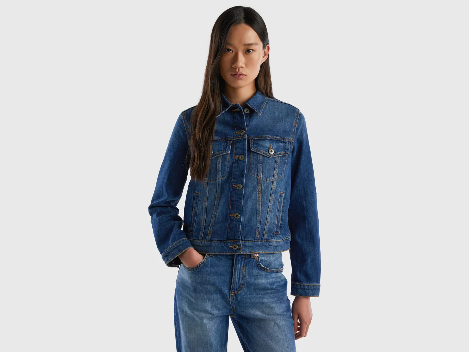 Benetton Giacca Di Jeans Boxy Fit Blu New