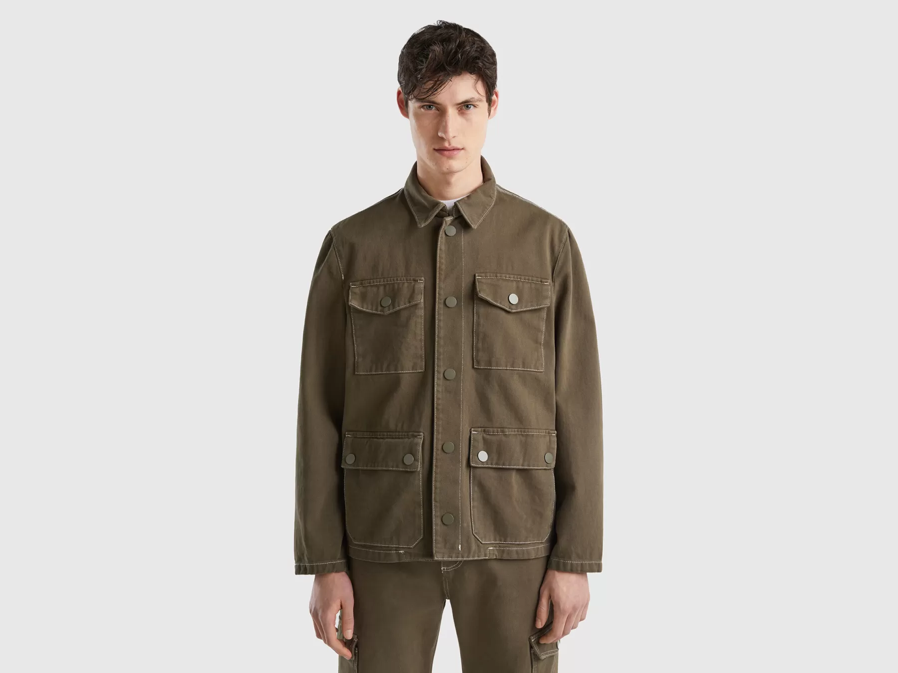 Benetton Giacca In Cotone Con Tasche Verde Militare Online