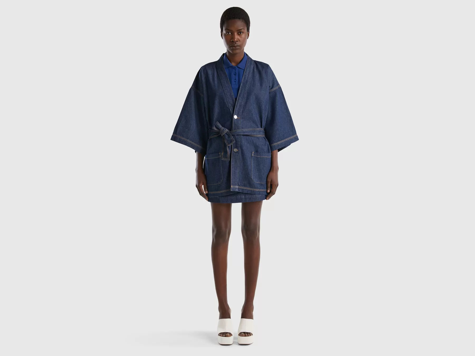 Benetton Giacca Kimono In Chambray Blu Scuro Outlet