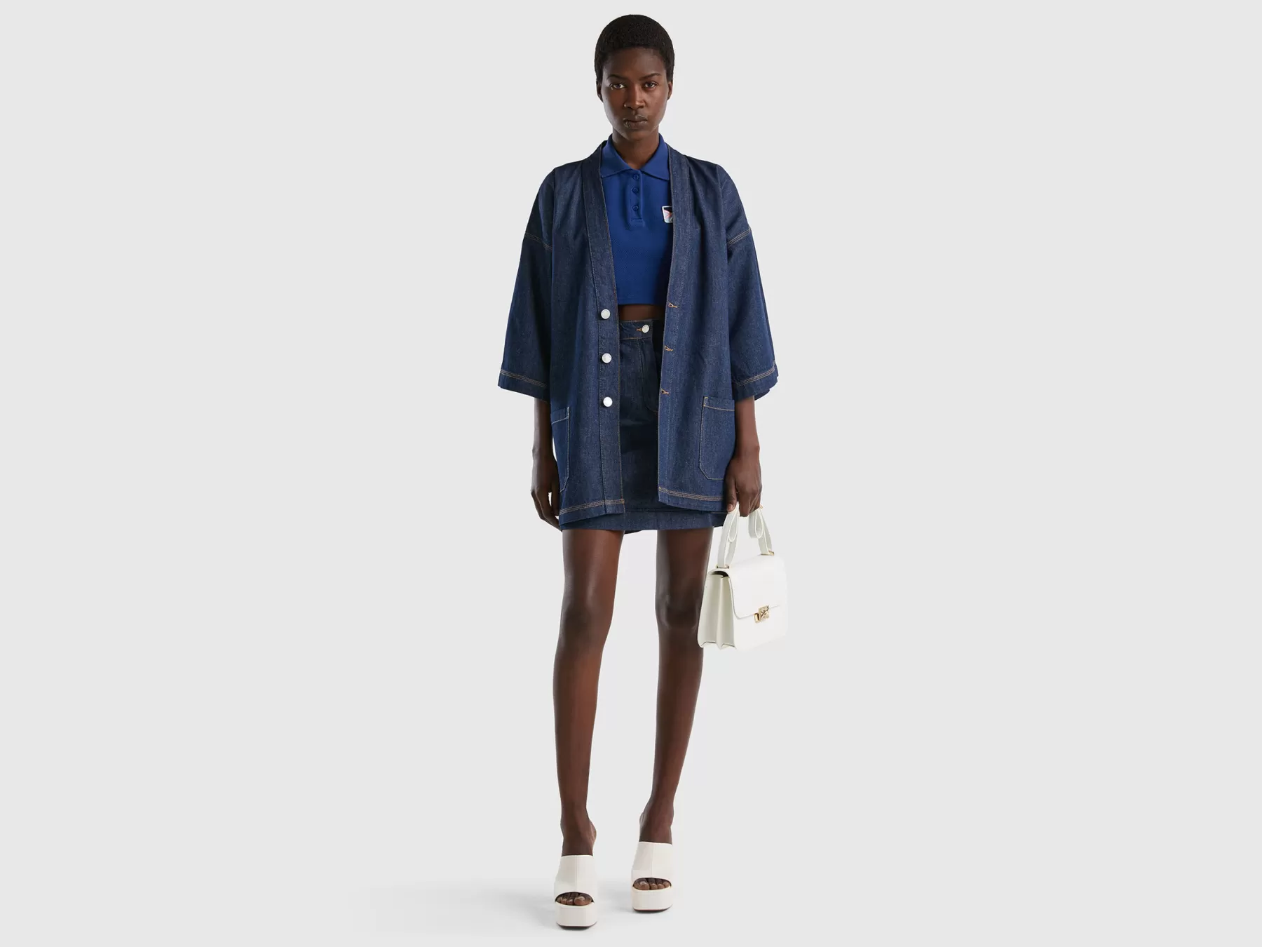 Benetton Giacca Kimono In Chambray Blu Scuro Outlet