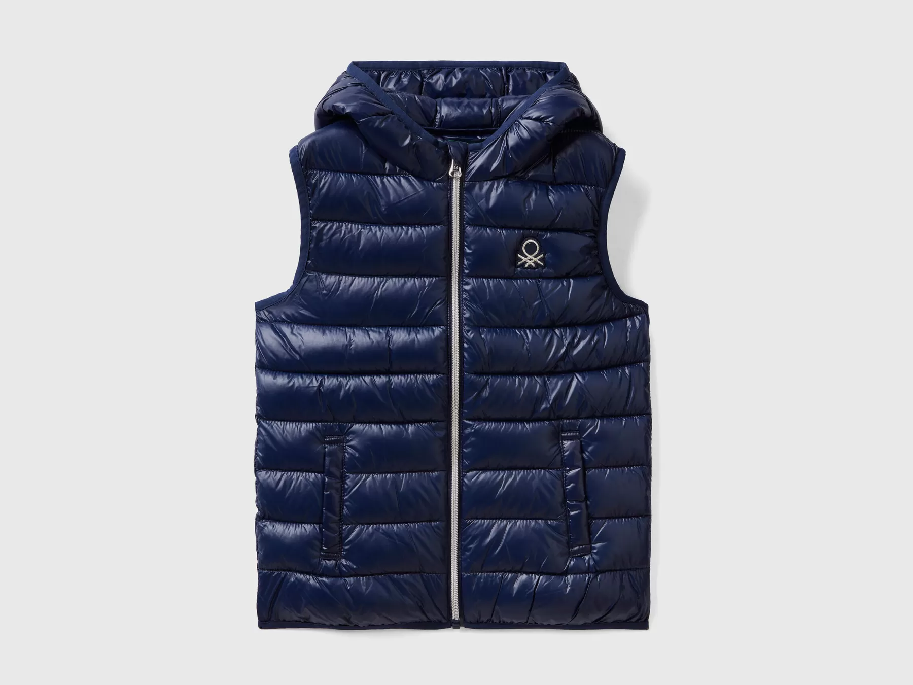 Benetton Gilet Imbottito Con Cappuccio Blu Scuro New