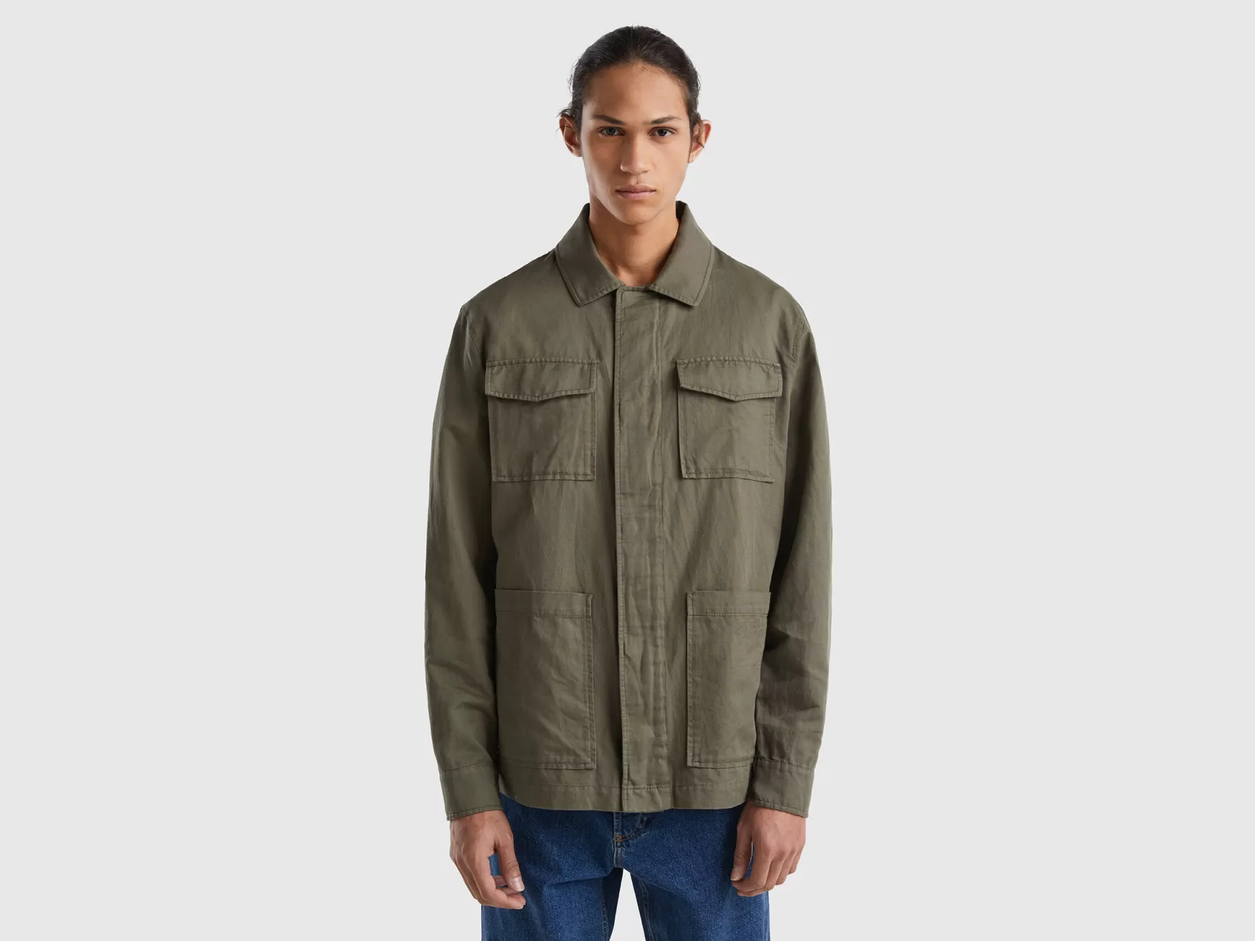 Benetton Giubbino In Misto Lino Verde Militare Outlet