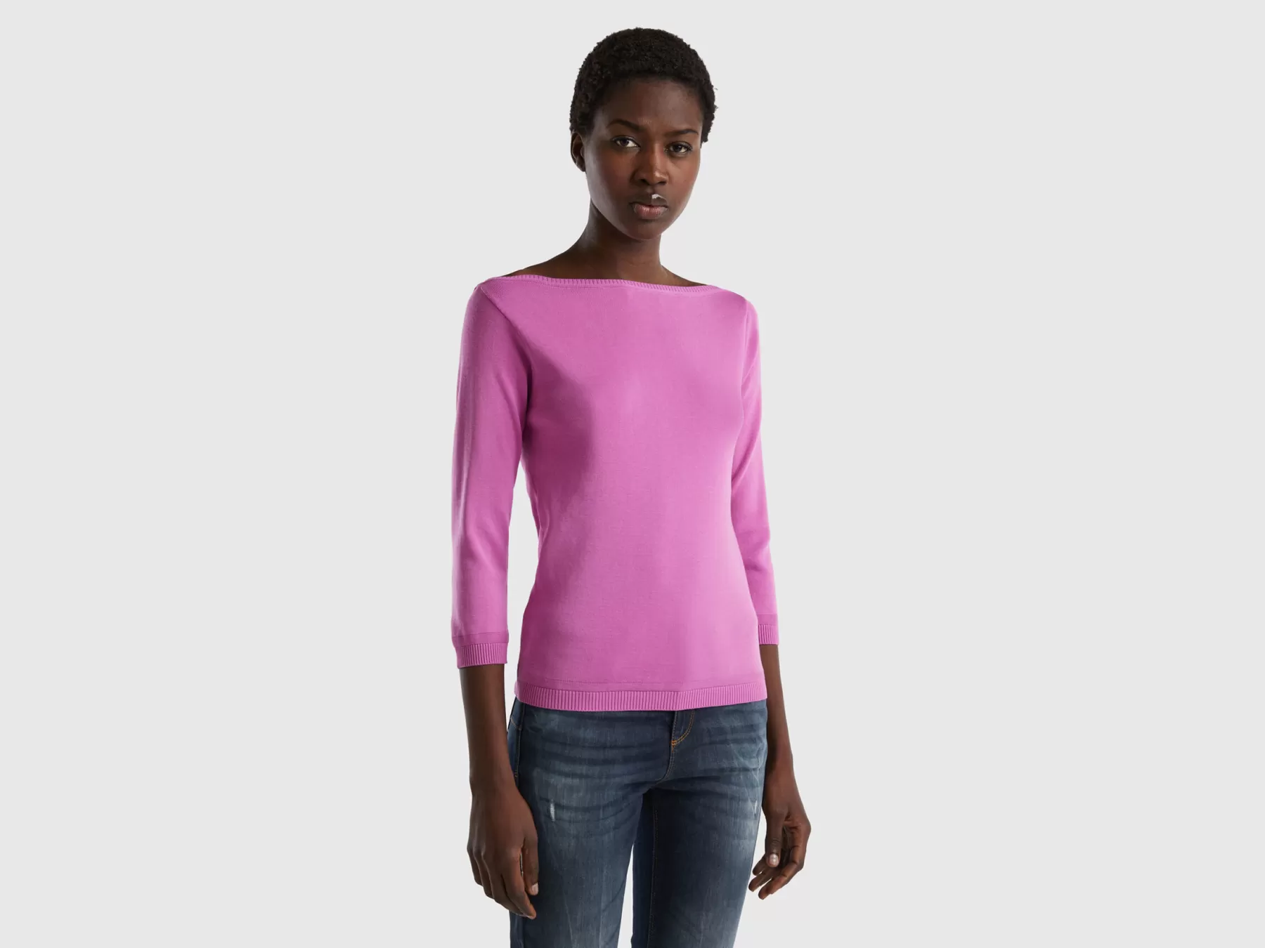 Benetton Maglia 100% Cotone Con Scollo A Barchetta Rosa Flash Sale