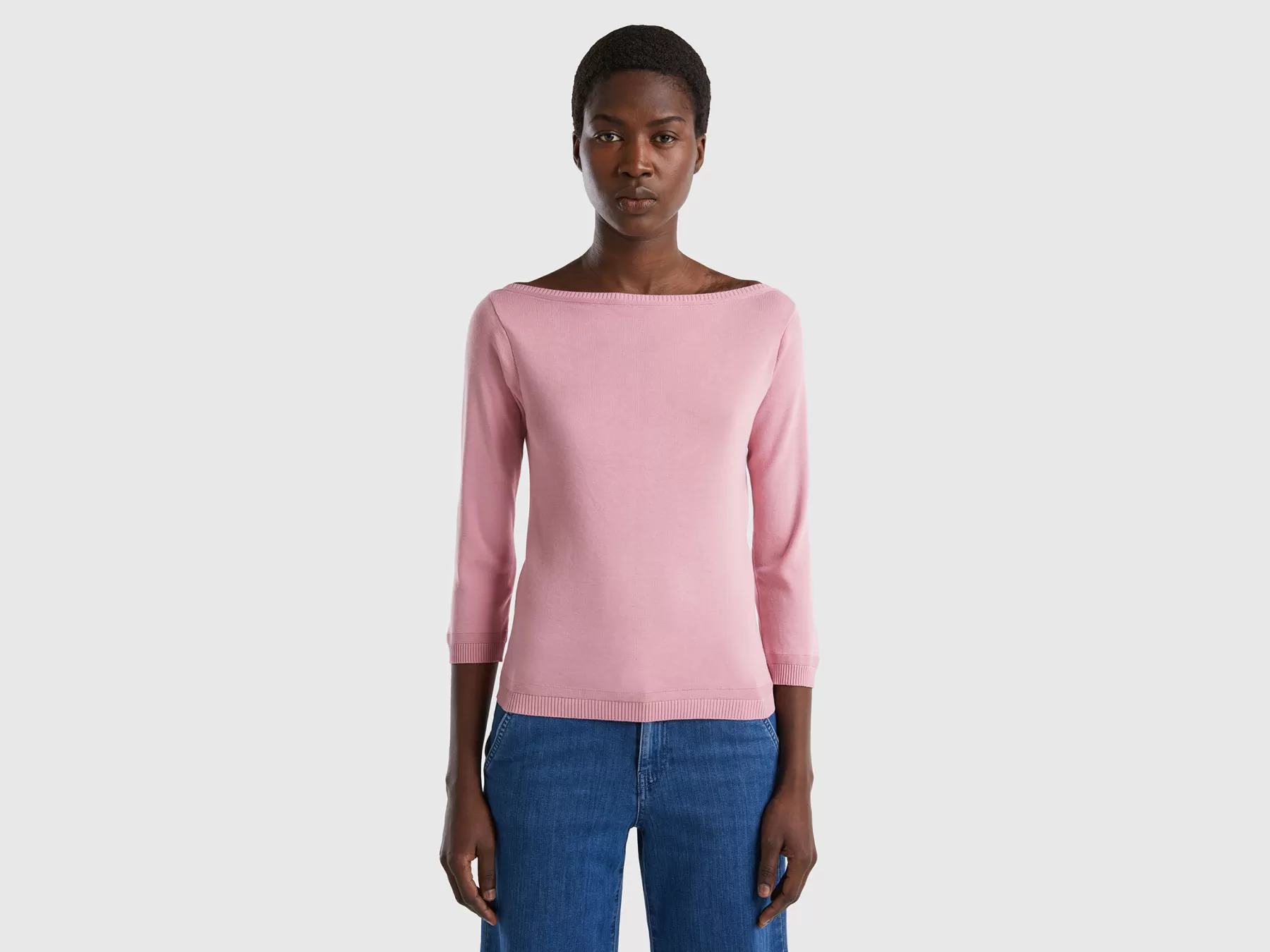 Benetton Maglia 100% Cotone Con Scollo A Barchetta Rosa Online