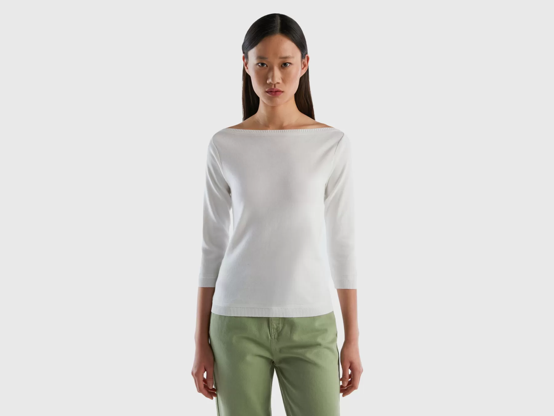 Benetton Maglia 100% Cotone Con Scollo A Barchetta Bianco Online