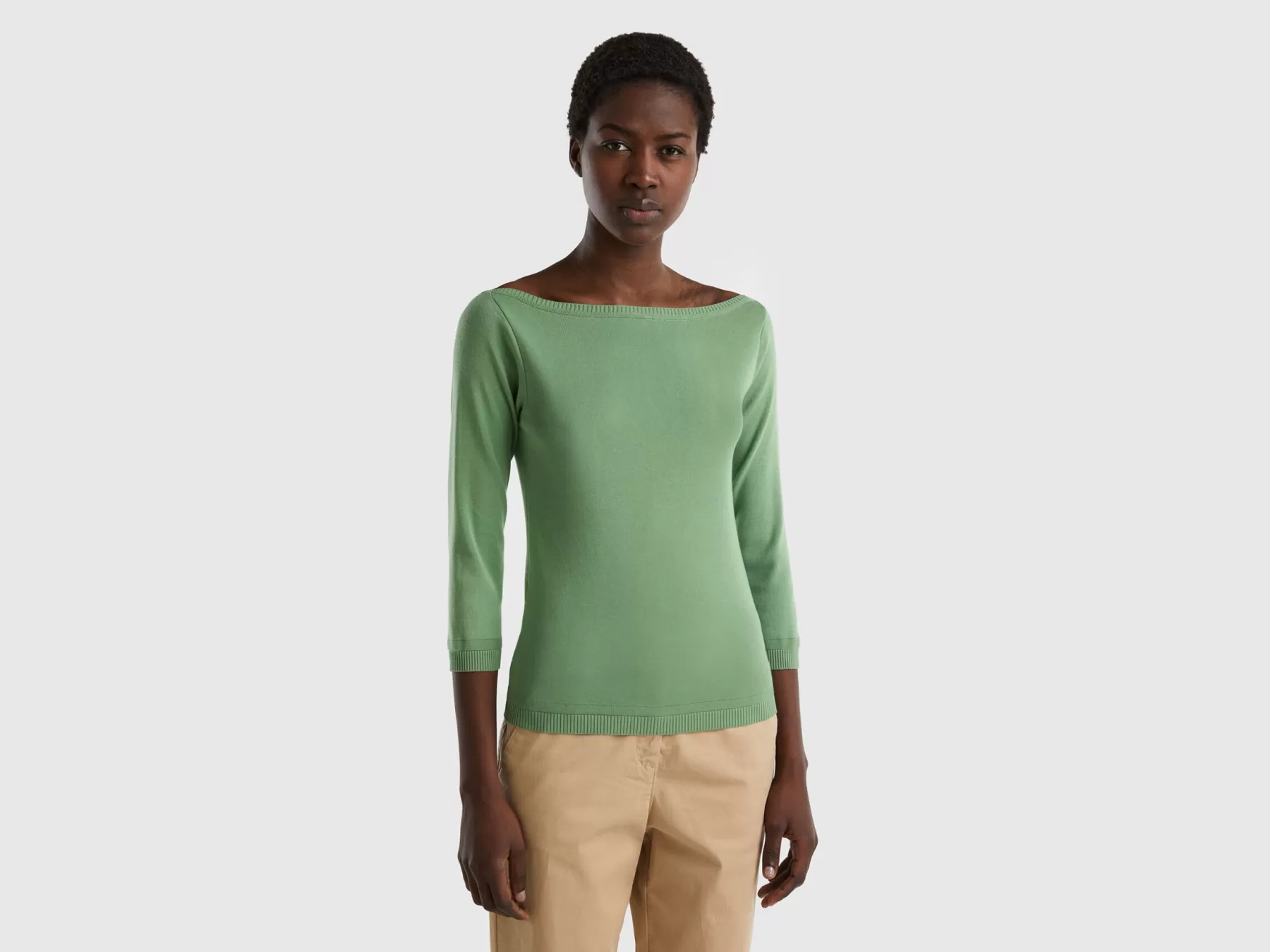 Benetton Maglia 100% Cotone Con Scollo A Barchetta Verde Best Sale