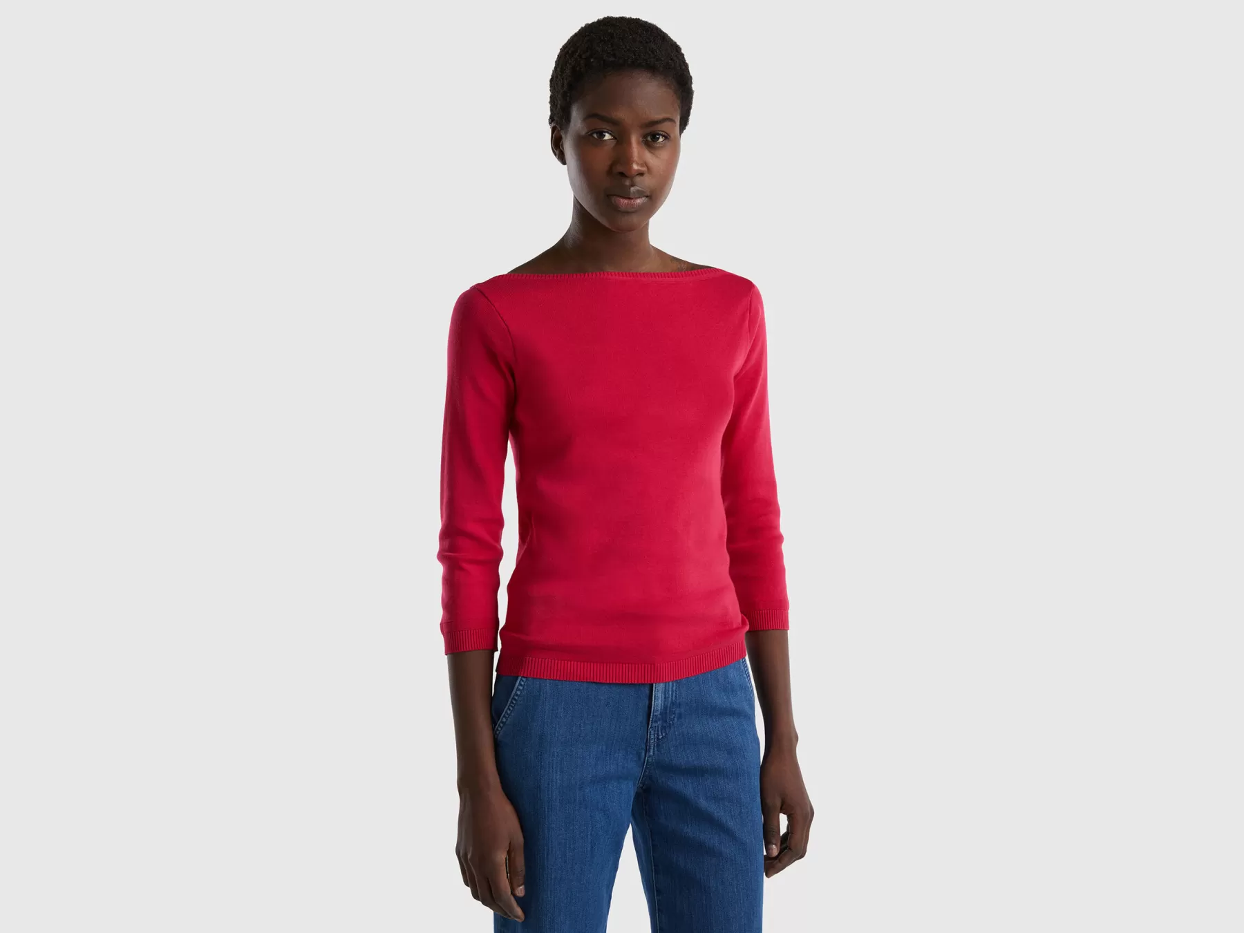 Benetton Maglia 100% Cotone Con Scollo A Barchetta Fucsia Discount