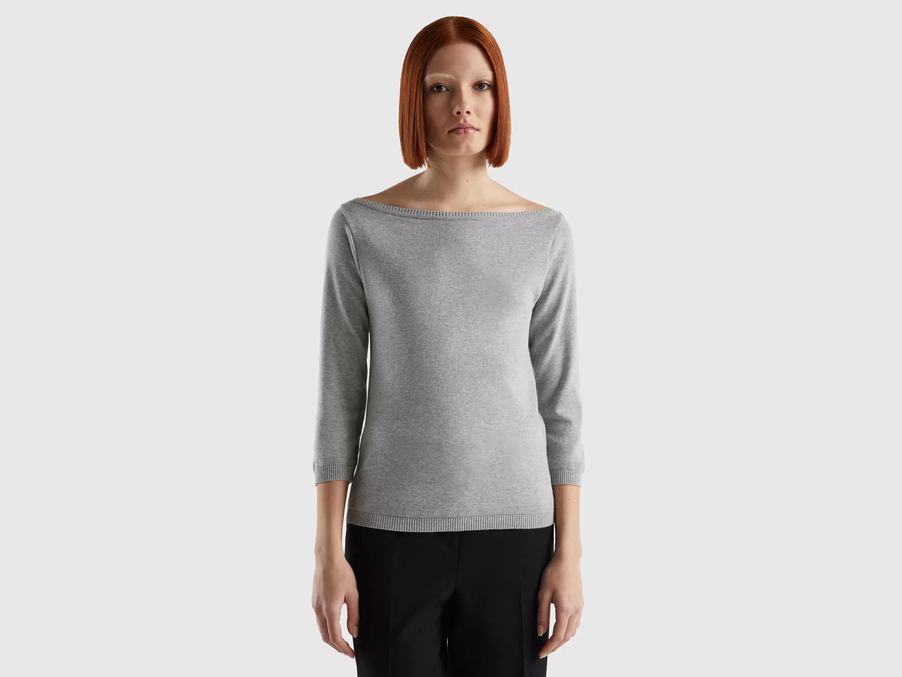 Benetton Maglia 100% Cotone Con Scollo A Barchetta Grigio Chiaro Clearance