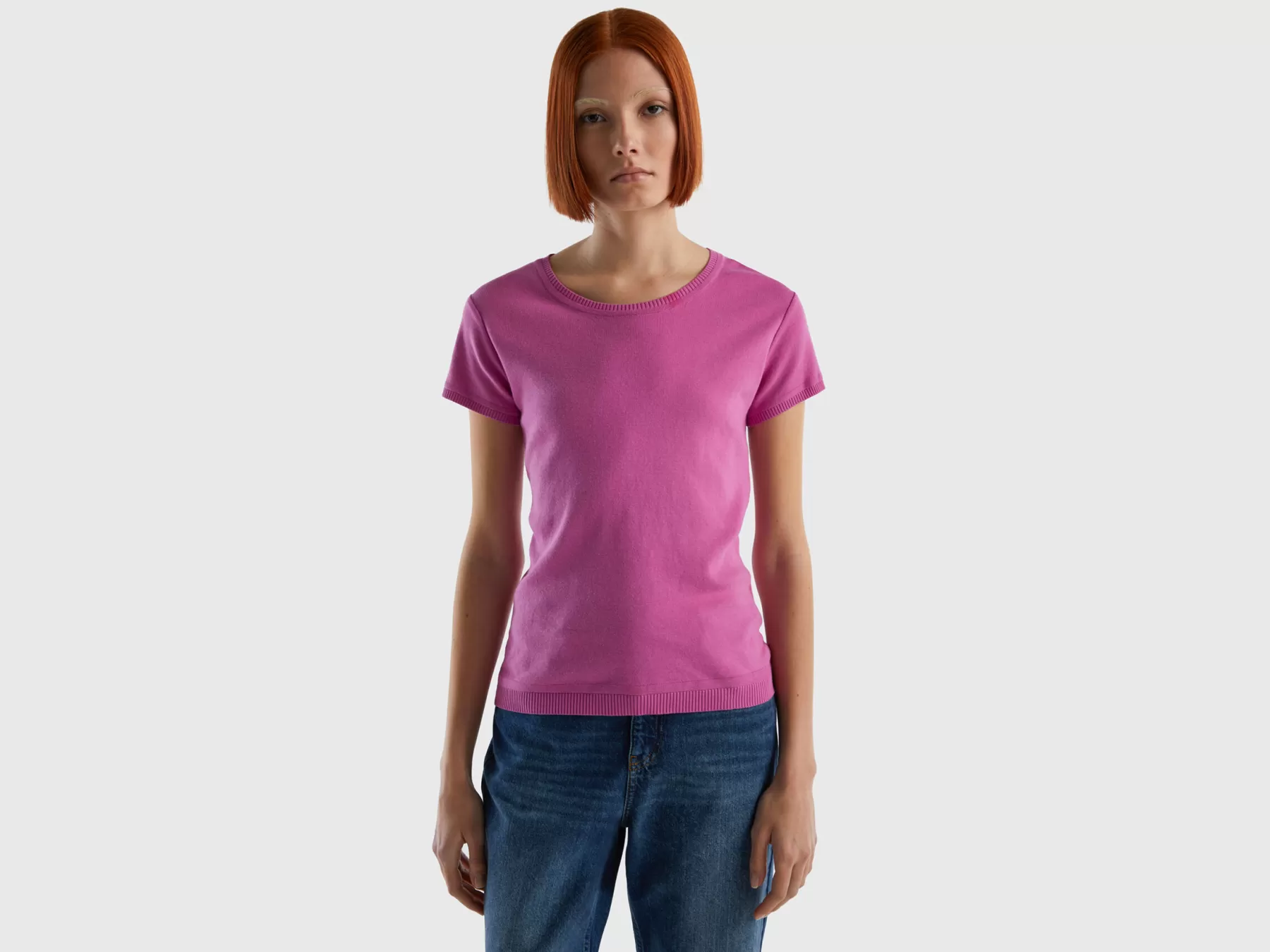 Benetton Maglia A Manica Corta In 100% Cotone Rosa Shop
