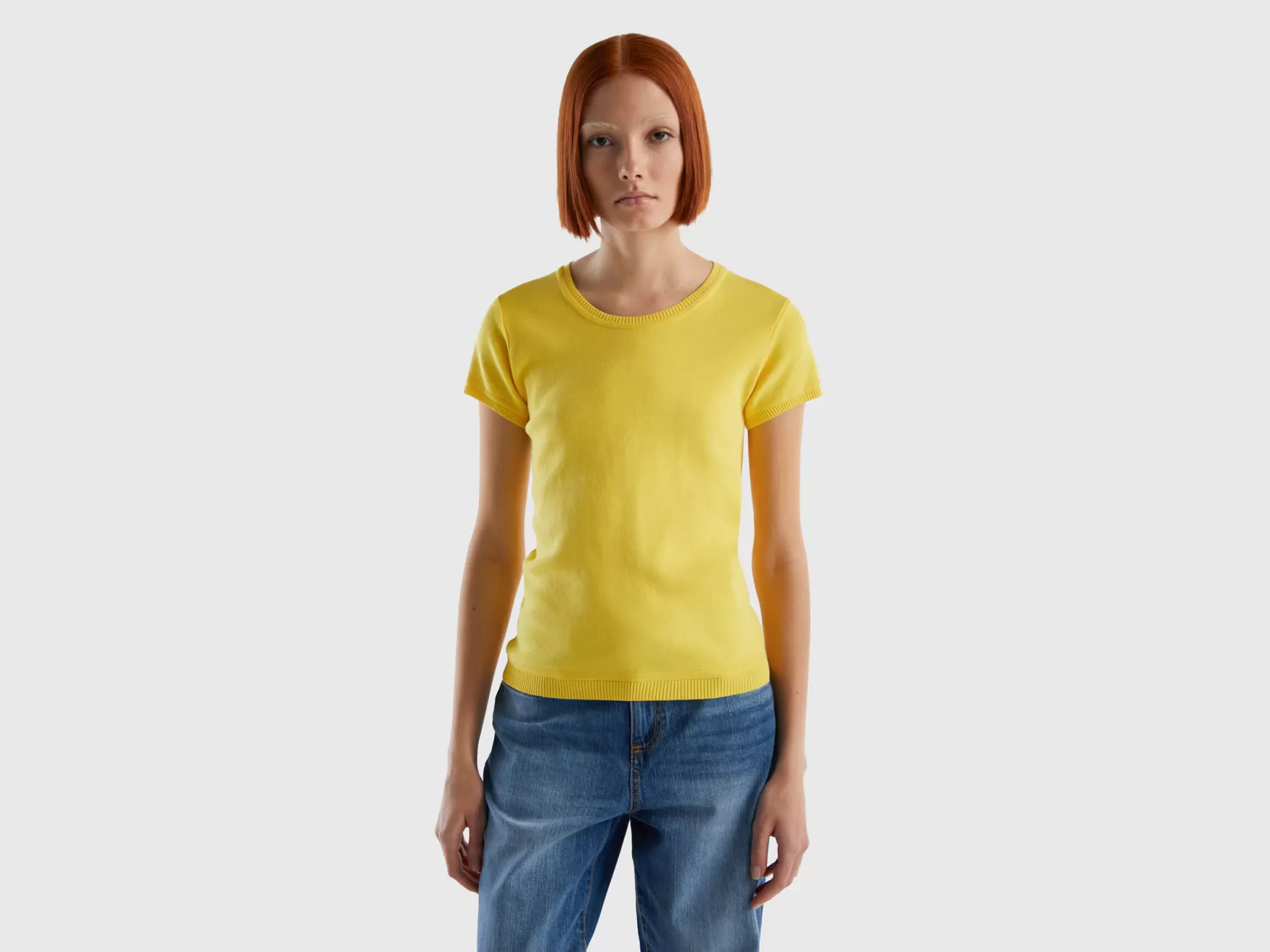 Benetton Maglia A Manica Corta In 100% Cotone Giallo Outlet