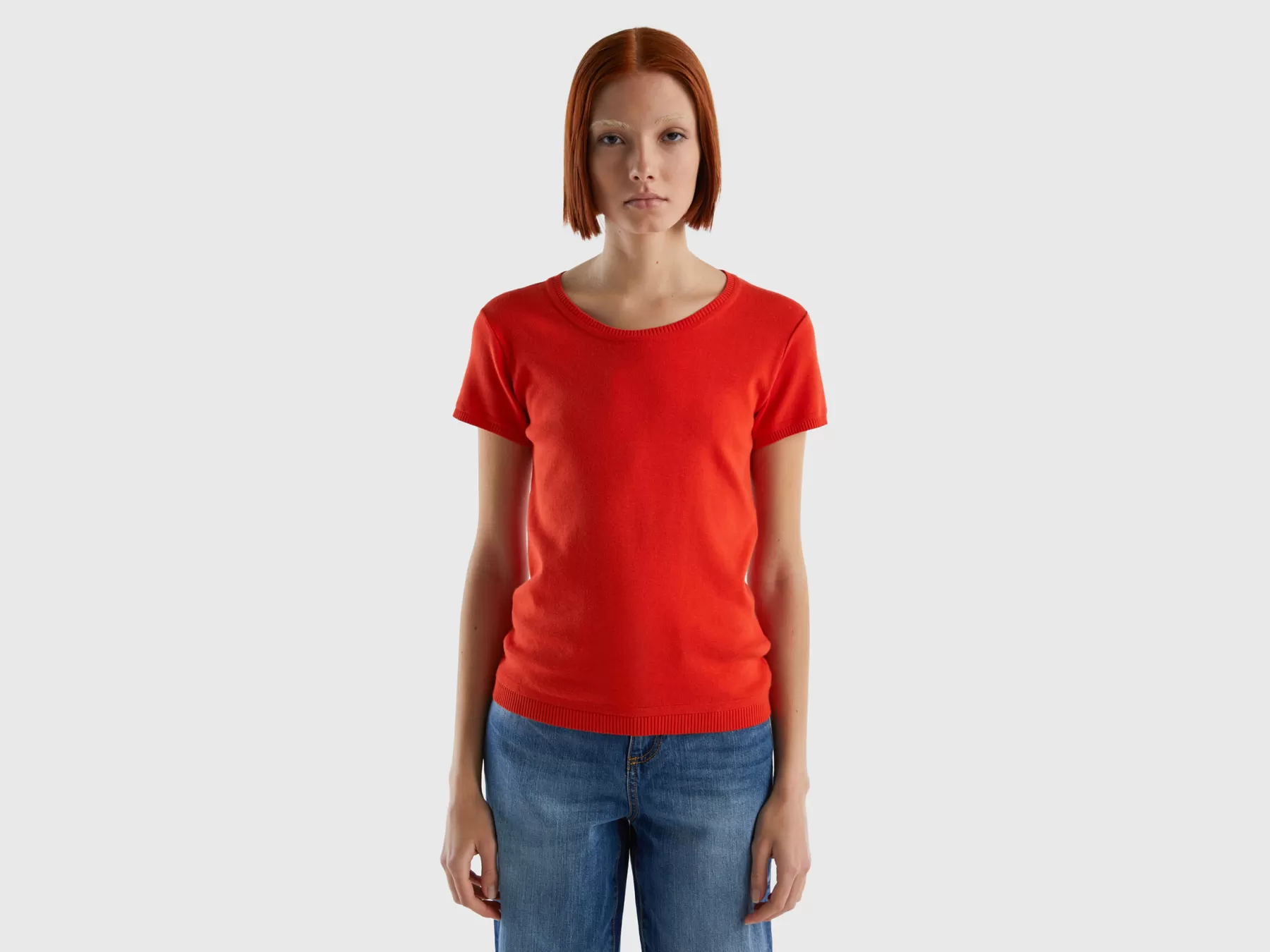 Benetton Maglia A Manica Corta In 100% Cotone Rosso Hot