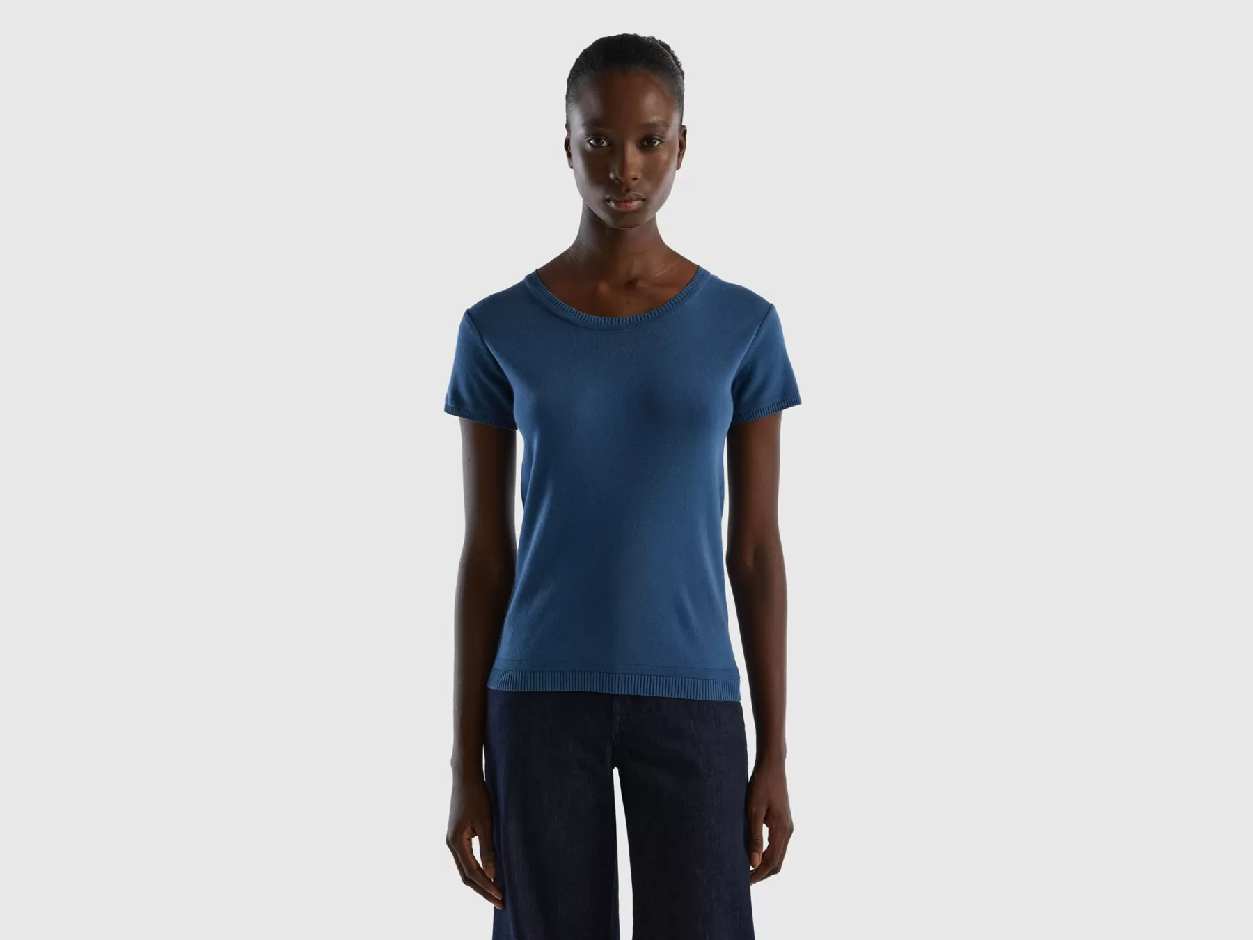 Benetton Maglia A Manica Corta In 100% Cotone Blu New